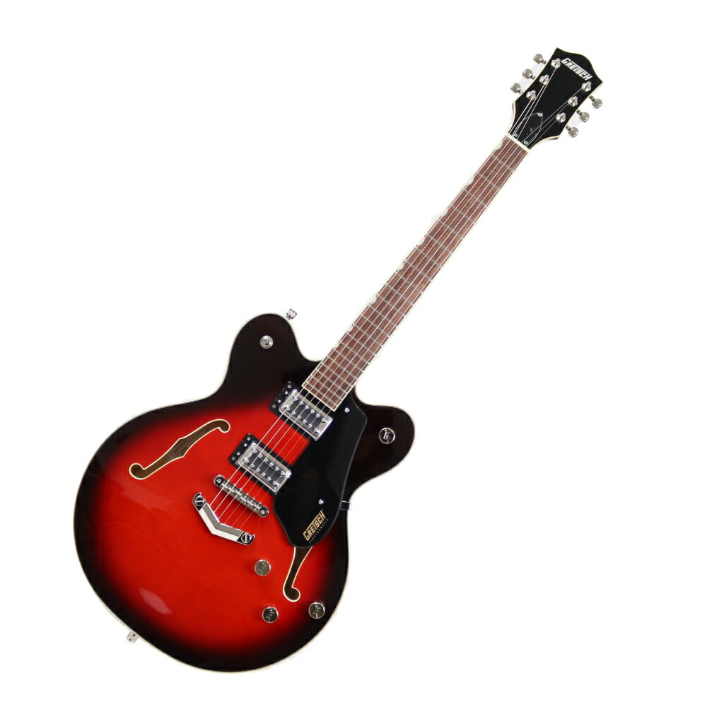 GRETSCH グレッチ G5622 Electromatic Center Block Double-Cut with V-Stoptail Claret Burst エレキギター アウトレット※本製品はメーカーアウトレット品です。演奏上問題はございませんが、ブリッジが若干、6弦寄りに取り付けられています。その他、細かな擦り傷がございます。アウトレット品としてご理解頂ける方のみご検討ください。通常品新品との交換はいかなる場合でもお受け出来ませんのであらかじめご了承ください。※フェンダーアウトレット品・限定保証書（外装の傷などを除くプレイヤビリティーのみの保証）が付帯します。Electromatic Center Blockギターは、ピュアでパワフルなグレッチサウンドを大音量で存分にお楽しみいただけるモデルです。G5622 Electromatic Center Block Double-Cut with V-Stoptailは、ダブルカッタウェイのメイプルボディに、ダイナミックなレゾナンス、ハイゲインパワー、軽量で優れた弾き心地を実現するチェンバードスプルースをセンターブロックに採用しています。2基のBlack Top Broad'Tronハムバッカーはダイナミックで明瞭なトーンとともにキメの細かいハイエンドを奏で、サウンドにパンチを与えます。トレブルブリード回路付きマスターボリューム、マスタートーン、ブリッジとネックピックアップの独自ボリュームコントロール、3ポジションのピックアップトグルスイッチといったコントロール類により、そのパワフルなサウンドをフレキシブルにデザインすることができます。その他、固定式Adjusto-Maticブリッジ、Graph Tech NuBoneナット、Gアローノブなどの特徴を備えています。G5622は全モデル、エイジドホワイトカラーのボディバインディングにマルチプライのパーフリング、ニッケルハードウェアを採用しています。●Generalシリーズ：Electromaticオリエンテーション：Right-Handカラー：Claret Burst原産国：CN●Neckヘッドストックバインディングネック：Mapleネックフィニッシュ：Glossネックシェイプ：Thin "U"ネック：Set-Neckフィンガーボードラジアス：12" (305 mm)フィンガーボードの素材：Laurelポジションインレイ：Pearloid Neo-Classic Thumbnailサイドドットフレット数：22ナット：Graph Tech NuBoneナット幅：1.6875" (42.86 mm)ナットの素材：Graph Tech NuBone●Bodyボディ：Laminated Mapleボディフィニッシュ：Glossボディシェイプ：Center Blockボディトップ：Arched Laminated Mapleボディバインディング：Aged White with B/W/B Purflingボディバック：Arched Laminated MapleBODY STYLE：Gretsch Center Block Guitarsボディ素材：Laminated Mapleブレイシング：Center BlockSOUND HOLE：F-Holes, Bound●Hardwareブリッジ：Adjusto-Maticブリッジカバー/テイルピース：Gretsch V-StoptailBRIDGE MOUNTING：Anchoredピックアップカバー：Nickelコントロールノブ：G-ArrowSWITCH TIP：Nickelハードウェアフィニッシュ：Nickelチューニングマシーン：Die-Cast Sealedストリング：Nickel Plated Steel (.010-.046 Gauges)ストラップボタン：Gretsch Knurled Strap Retainer Knobs●Electronicsブリッジピックアップ：Black Top Broad’Tronネックピックアップ：Black Top Broad'Tronピックアップコンフィギュレーション：Broad'Tron / Broad'Tronコントロール：Volume 1. (Neck Pickup), Volume 2. (Bridge Pickup), Master Volume, Master Toneスウィッチ：3-Position Toggle: Position 1. Bridge Pickup, Position 2. Bridge and Neck Pickups, Position 3. Neck Pickup●MeasurementsBODY DEPTH：1.75" (44.45 mm)フレットサイズ：Medium Jumboスケール：24.6" (625 mm)