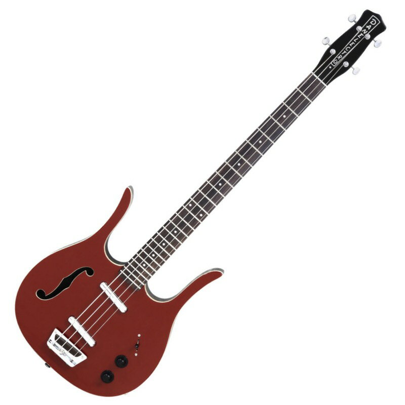 Danelectro ダンエレクトロ Red Hot Longhorn bass エレキベースダンエレクトロの特徴であるクラシックなデザインを元に、初のセミホロウロングホーンベースが誕生しました。ルックスだけでなく、スプルースとメゾナイトを組み合わせたセミホロウボディとパーフェローサドルによる深く豊かな低音。ハイパワーリップスティックを搭載しており、ピック弾きやスラップでのガリっとしたサウンドも表現可能です。ショートスケールによる軽量さと高い携帯性に加え、フレット間隔が短くなり、独特のシェイプによりハイフレットで操作性が非常に高く、テクニカルな演奏にも最適です。開放時と押弦時のサウンドの均一性を実現させるメタルナット。実用性の高い一本です。【Spec】ボディー：スプルース(ボディ)、メゾナイト（トップ）ネック：メイプルフィンガーボード：ローズウッドマシンヘッド：ダンエレクトロ・オリジナルチューナーナット：アルミピックアップ：2-リップスティックコントロール：ボリューム、トーン、3wayP.Uセレクターブリッジ：パーフェローサドルハードウェア：クロームフィニッシュ：REDスケール：756mmギグバッグ付属