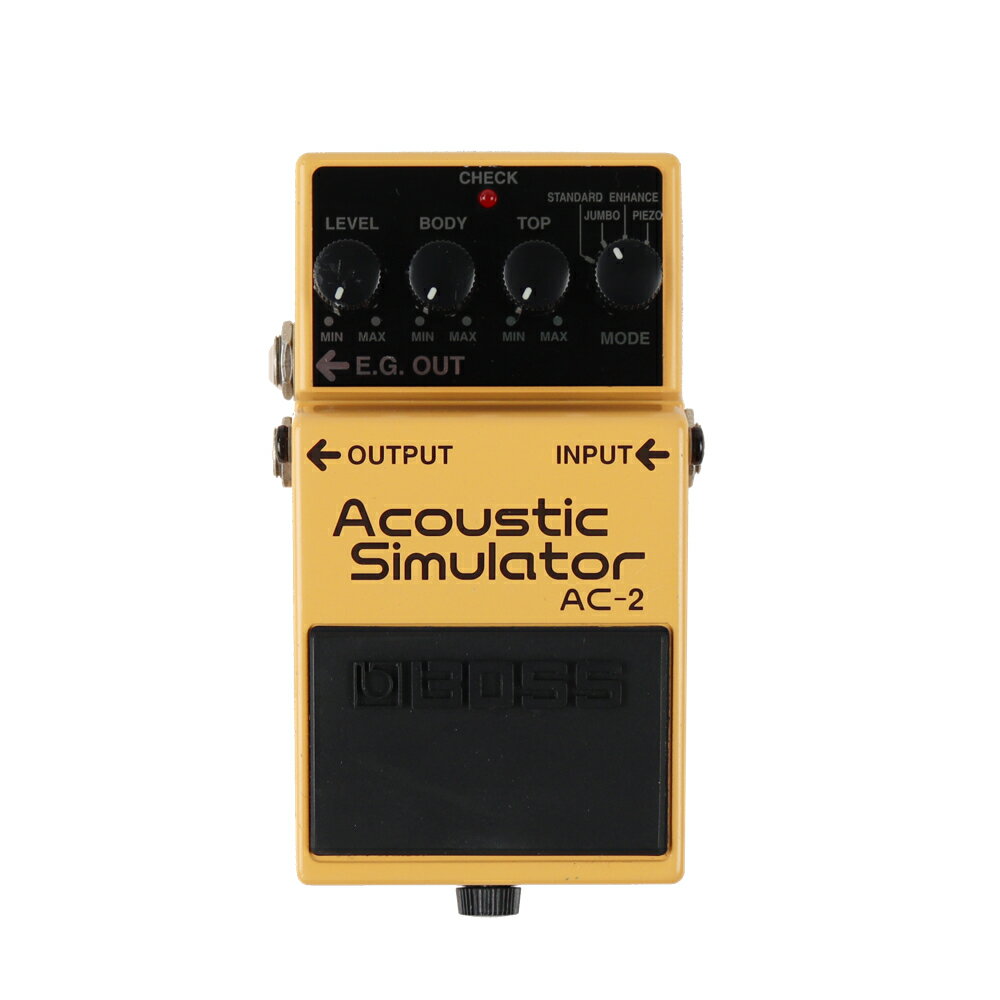 【中古】 アコースティックシミュレーター エフェクター BOSS AC-2 Acoustic Simulator ギターエフェクターボス BOSS AC-2 Acoustic Simulator の中古品です。本体のみコーナー、側面などに小傷、塗装剥がれがあり、裏蓋シールにキズあり、使用感のあるコンディションです。電池ボックスネジ受けのゴムパーツに割れ、劣化があります。電池駆動、アダプター駆動確認済み。現在の所、ガリもなく動作に問題ございません。MADE IN TAIWAN（台湾製）エレキギターをアコースティックギターのサウンドに変換させるアコースティックシミュレーターです。モード切り替えスイッチで4種類の音色が選択可能です。アナログ仕様でナチュラルなアコースティックサウンドがエレキギターで楽しめます。