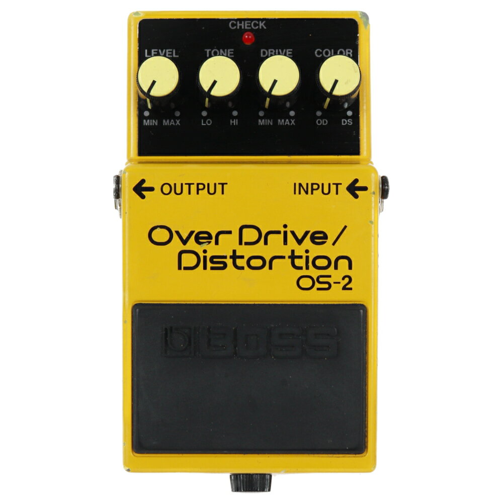 【中古】オーバードライブ ディストーション エフェクター BOSS OS-2 OverDrive Distortion ギターエフェクターボス BOSS OS-2 の中古品です。本体のみ全体的に傷、塗装剥がれがあり、かなり使用感のあるコンディションです。電池ボックスネジ受けのゴムパーツに劣化あり。電池駆動、アダプター駆動確認済み。現在の所、ガリもなく動作に問題ございません。MADE IN TAIWAN（台湾製）OS-2はオーバードライブとディストーション、独立した2系統の歪み回路を1台に凝縮したドライブ・ペダルです。2つのキャラクターの単独使用はもちろん、ペダル内部で並列に接続されたオーバードライブとディストーションのキャラクターをCOLORコントロールにより自在にブレンド可能。芯のあるダイナミックな歪みを実現します。