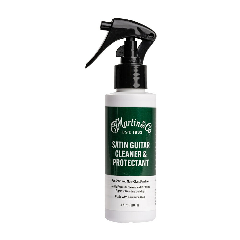 サテンギタークリーナー マーチン MARTIN Satin Guitar Cleaner & Protectant 18A0135 ケアグッズ。MARTIN Satin Guitar Cleaner & Protectantは、サテン仕上げのギターをケアするために特別に設計されています。カルナバワックスを含む高品質の成分のみで作られており、不要な輝きを加えることなく、日常の油分や汚れを洗浄し保護します。