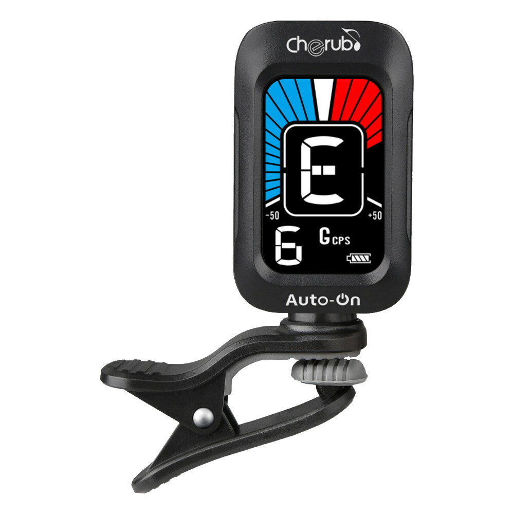 Cherub チェラブ WST-645 Auto-on Clip 充電式クリップチューナー オ－トオンチューナー液晶部分を立ち上げると自動で電源の入る充電式のオ－トオン・チューナー。最大6時間の使用が可能です。5つのチューニングモード（クロマチック、ギター、ギターCPS、ベース、ウクレレ）を搭載しています。CPS（ギターコンペンセイテッドチューニング）ジェームス・テイラーのチューニング・スタイルにインスパイアされたモード。各弦のチューニングを数セント下げることで、アコースティックギターの響きを引き出します。【Specs】・Tuning range：A0(27.5Hz)~C8(4186Hz)・Tuning precision：±1cent・Reference pitch：A4=440Hz・Tuning modes：Chromatic, Guitar(standard), Guitar(compensated), Bass, Ukulele・Flat tuning：♭,♭♭・Battery capacity：3.7V, 90mAh・Battery life time：360 minutes・Dimensions：51(L) x 31(W) x 34(H) mm・Weight：25 g