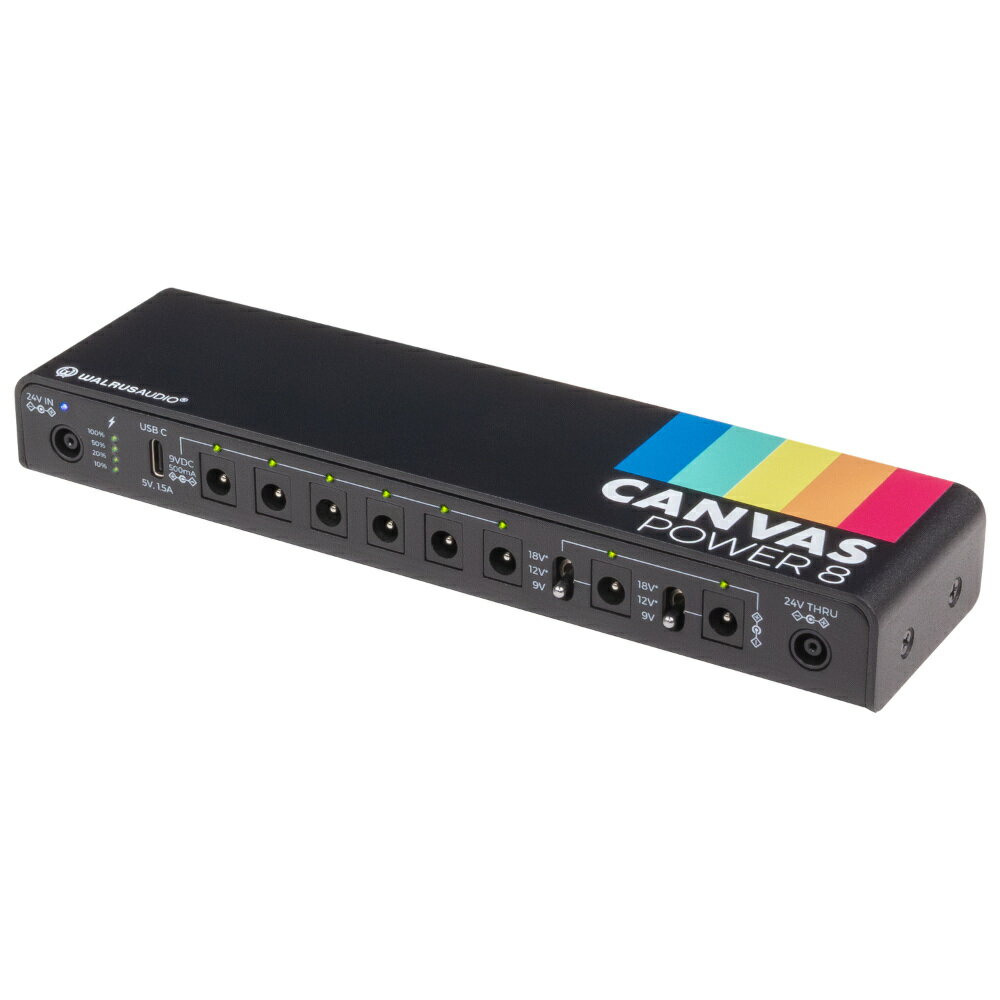 WALRUS AUDIO ウォルラスオーディオ WAL-CANV/PWR8L Canvas Power 8 パワーサプライ リンクケーブル付属Canvas Powerは最新のペダルボードにも適応するシンプルながらハイパワー、ハイスペックなパワーサプライです。各出力が独立した500mAのクリーンな電源を供給し、驚くほどの低ノイズと安定した電力を実現します。また、超スリムなデザインなので様々なペダルボードの裏側にセッティングでき、さらにリンクケーブルを使用して別のパワーサプライに電源供給も可能と、実用的なパワーサプライです。低ノイズ、高出力、ルックス、実用性を兼ね備えたペダルボード用パワーサプライを求めている方におすすめしたいアイテムです。Canvas Power8には、9Vで最大 500mAのクリーンな電力を供給する8つの独立した電源出力があります。うち2つは可変電圧で、9V、12V、18Vを切り替えて高電圧ペダルに電力を供給できます。また、プレイ中にスマートフォンやタブレットなどのデバイスに電力を供給するためのUSB-Cポートも含まれています。※「WAL-CANV/PWR8L」はリンクケーブル付属が付属します。【SPEC】・SIZE：20.7（W）×2.6（H）×5.4（D）cm・WEIGHT：283g・9VDC 500mA 出力 ×6・9-12-18V 切替可能出力（9V-500mA/12V-375mA/18V-250mA）×2・USB-C 充電用出力 ×1【付属品】・18" S-L DCケーブル ×5・36" S-L DCケーブル ×3・12" EIAJ リンクケーブル・L style マウントブラケット