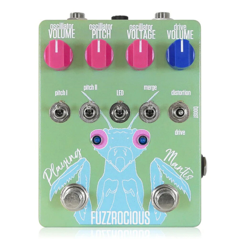 Fuzzrocious Pedals ファズロシャスペダルズ Playing Mantis オーバードライブ ディストーション ギターエフェクターファズロシャスペダルズ / プレイングマンティスFuzzrocious Pedals Playing Mantisは、目立ちたがりやのプレイヤーに最適なペダルです。このペダルは特別で、他のプレイヤーと同じようには聞こえないでしょう。右側のフットスイッチはナチュラルな歪みを加えます。クリーンブースター、オーバードライブ、ディストーションを選択することができます。どのモードでも、十分な音量があります。左のフットスイッチは、Fuzzrocious Pedals史上最も奇妙なオシレーターを起動します。3つのオシレーターノブと4つのスイッチ、さらにエクスプレッションペダルを使用して制御できます。エクスプレッションペダルを使用するとOscillator PITCHノブをスルーして、ペダルでオシレーターのピッチをコントロールできます。2つのpitchスイッチはピッチを大きく動かすことができます。LEDを加算・減算してオシレーターの音色を変更します。mergeスイッチはオシレーターの形状を変更し、グラインドを変えます。Oscillator VOLUMEはオシレーターの音量を調整し、Oscillator VOLTAGEはオシレーターの電圧を制御してグリッチやピッチの変化をもたらします。ドライブとオシレーター回路はそれぞれ独立して使用したり、同時に使用することができます。●コントロール・Oscillator VOLUME:オシレーターの音量を調整します。・Oscillator PITCH：オシレーターピッチを調整します。・Oscillator VOLTAGE：オシレーターの電圧を調整します。・drive VOLUME：歪みセクションの音量を調整します。・pitch I/Potch II：オシレーターピッチを切り替えます。・LED：オシレーターの音色を切り替えます。・merge：オシレーターにフォールドオーバーを加えて音色を切り替えます。・distortion/boost/drive：歪みセクションのエフェクトを選択します。・エクスプレッションペダル（MoogまたはM-Audio推奨）：オシレーターピッチをコントロールします。Playing MantisはスタンダードなセンターマイナスDC9Vアダプターで駆動します。電池はお使いになれません。・種類：オーバードライブ・ディストーション・ファズ・アダプター：9Vセンターマイナス・電池駆動：-・コントロール：Oscillator VOLUME、Oscillator PITCH、Oscillator VOLTAGE、drive VOLUME、pitch I、Potch II、LED、merge、distortion/boost/drive
