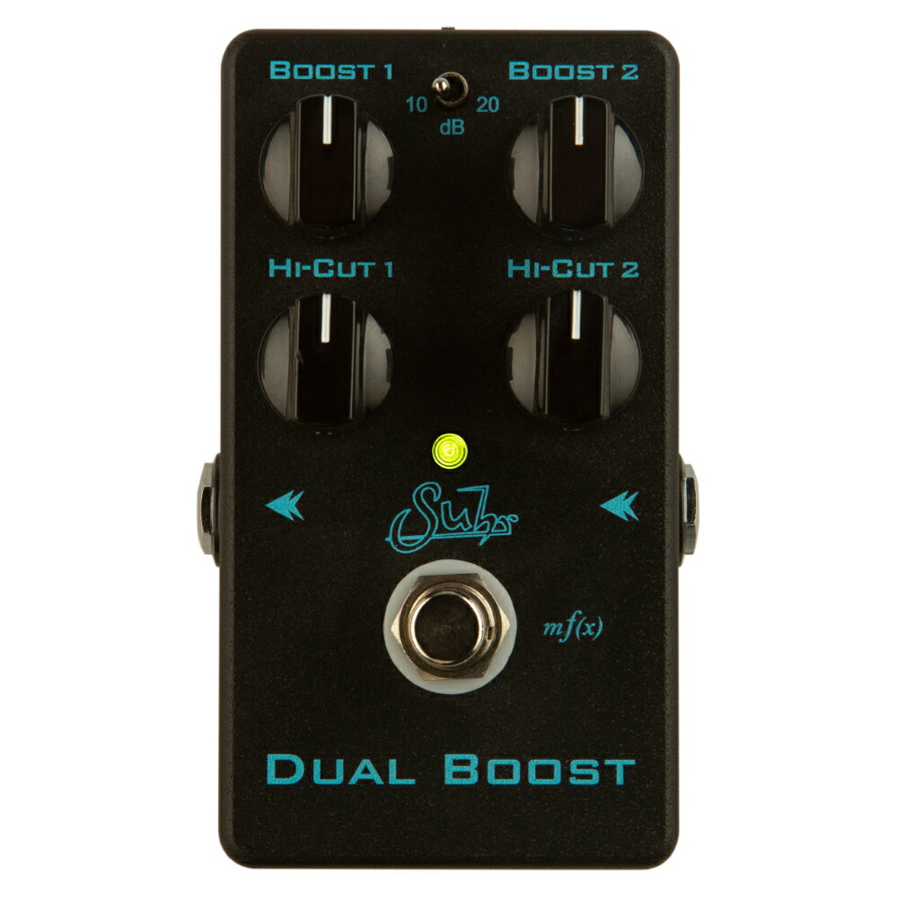 Suhr サー Dual Boost Black Edition ブースター ギターエフェクター2024 年夏より、筐体カラーが黒色（Black Edition）にリニューアル！Dual Boost は、コンパクトでペダルボードに優しい筐体に収められた、多用途のデュアルモードの透明なクリーンブーストです。比類のない音質を、使いやすいパッケージで実現することを目指して構築され、最高品質のコンポーネントとオンボードチャージポンプ回路を組み合わせて、純粋なオーディオパス、優れたダイナミクス、広いダイナミックレンジを実現。2 つの独立したモード（それぞれ独自のブーストおよびハイカットコントロール付き）、グローバルブーストレンジスイッチ（+10dB/+20dB）、および Suhr 独自の「mf(x)」（マルチファンクションテクノロジー）スイッチングを搭載しています。【SPECIFICATIONS】入力インピーダンス：1MΩ出力インピーダンス：1KΩ電源端子：9VDC、センターマイナス、2.1mm x 5.5mm（電池使用可）動作電圧：4.5V - 9VDC（通常使用は 9VDC）最大電圧：10V DC逆電圧保護回路：○過電圧保護回路：○消費電流：21mA推定電池駆動時間：約 19 時間（アルカリ電池の場合）FX Link 端子：1/8” StereoShield → Tip: Activate Boost 1Shield → Ring: Activate Boost 2FX Link 最大電圧：3.3VDCRoHS 指令への対応：○寸法：6.4cm（幅） × 11.4cm（奥行） × 3.2cm（高さ）重量：340g