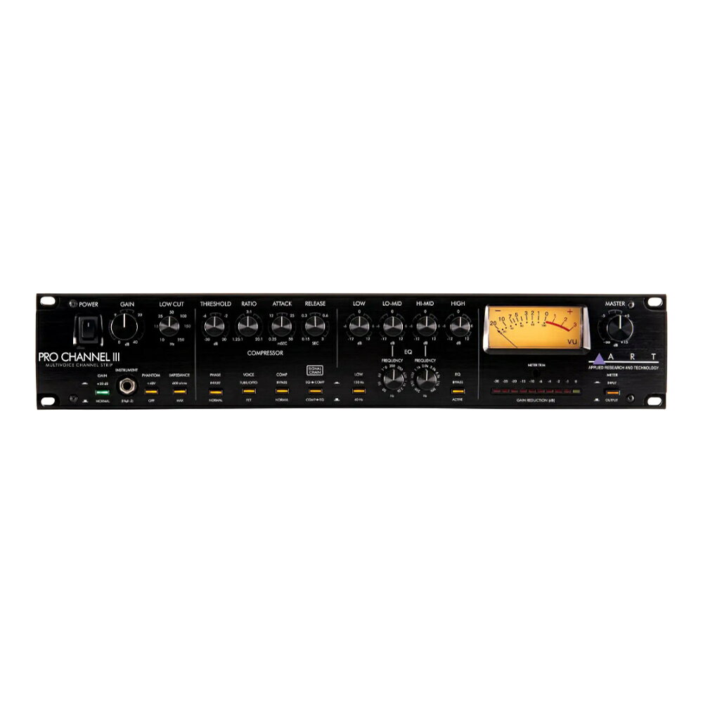 ART エーアールティー Pro Channel III プリアンプ コンプレッサー EQ マルチボイス チャンネルストリップ本機は、2Uのチャンネル・ストリップです。プリアンプ／コンプレッサー／EQを搭載し、様々な場面でご活用いただけます。プリアンプはインピーダンスを切り替え、コンプレッサーはボイシングを選択、EQはセミパラメトリック、本物の真空管の温かみがあるサウンドなど、幅広いサンド・キャラクターがあります。【マイク＆楽器用プリ・アンプ】ディスクリートFETトランジスタ入力回路のプリ・アンプを搭載しています。ゲインは最大60dBあり色々なマイクに対応します。ローカット・フィルター（HPF）では、低音のノイズや風の音やポップノイズを取り除き、音をより鮮明にします。楽器も入力でき高品位なDIとしても使えます。フロントに楽器を入力するとリアの入力端子は無効になるので、マイクやライン機器を繋いだままでも使えます。【FET ／ OPTO/TUBEコンプレッサー】コンプレッサーは、＜スレッショルド／レシオ／アタック／リリース＞を設定できます。回路はFETまたはOPTO/TUBEを選べます。FETはパンチがあり、OPTO/TUBEは真空管ならではの温かみのあるサウンドです。また、コンプの信号経路はEQの＜前 or 後＞に設定できます。【セミパラメトリックEQ】EQは4バンドです。LO-MIDとHI-MIDはパラメトリックEQになっています。LOWは＜40Hz or 120Hz＞を切り替えて調整できます。本機なら狙った周波数を確実にイコライジングできます。【主な特長】・ディスクリート・クラスA FETマイク・プリアンプを搭載・フロント・パネルの1/4”端子に入力するとリアの入力端子は無効になります・入力インピーダンスを選択可能・コンプレッサーは、OPTO/TUBE or FETのマルチボイス・コンプレッサーは、＜スレッショルド／レシオ／アタック／リリース＞をそれぞれ設定可能・セミ・パラメトリックEQ搭載・10段階LEDの正確なゲイン・リダクション・メーター・インサート・ループ・頑丈なケース・ユニバーサル内蔵電源【スペック】周波数特性：12 Hz〜100 kHz (+0, -1dB)ダイナミックレンジ：＞110 dB（”A” weighted）CMRR：＞90 dBTHD：＜0.009%（typical @ 1k）EIN：-128 dBu（マイク/ライン）; -109dBu（インスト）入力ショート、最大ゲイン、A-weighted最大入力レベル：+22 dBu（+4 dBuモード）/ +13dBu（-10 dBVモード）バランス最大入力インサート・レベル：+22 dBu（+4 dBuモード）/ +13dBu（-10 dBVモード）アンバランス最大インストゥルメント入力レベル：+23 dBu（+4 dBuモード）/ +14dBu（-10 dBVモード）アンバランス入力インピーダンス：47kΩ/600Ω（XLR）、＞800kΩ（インストゥルメント）、7.5kΩ（インサート）最大出力レベル：+26dBu（バランス）、+20dBu（アンバランス）出力インピーダンス：＜ 47オーム（XLR）最大ゲイン：75dB（40dB可変ゲイン+20dbスイッチ+15dBマスター）メーターキャリブレーション：0 VU = +4 dBu出力（+4 dBuモード）/ -10 dBV出力（-10 dBVモード）ローカットフィルター：10Hz〜250Hz連続可変シングルポール、10Hz〜250HzパラメトリックEQ：+/-12dB; 40/120Hz（ロー）、20-2kHz（ローミッド）、200-20kHz（ハイミッド）、12kHz（ハイ）コンプレッサー・アタック：0.25〜100ミリ秒コンプレッサー・リリース：0.1〜3秒圧縮率：1.25:1〜20:1電源：100〜240V 50Hz/60Hz 25W寸法：89H × 483W×233D mm重量：4.76kg