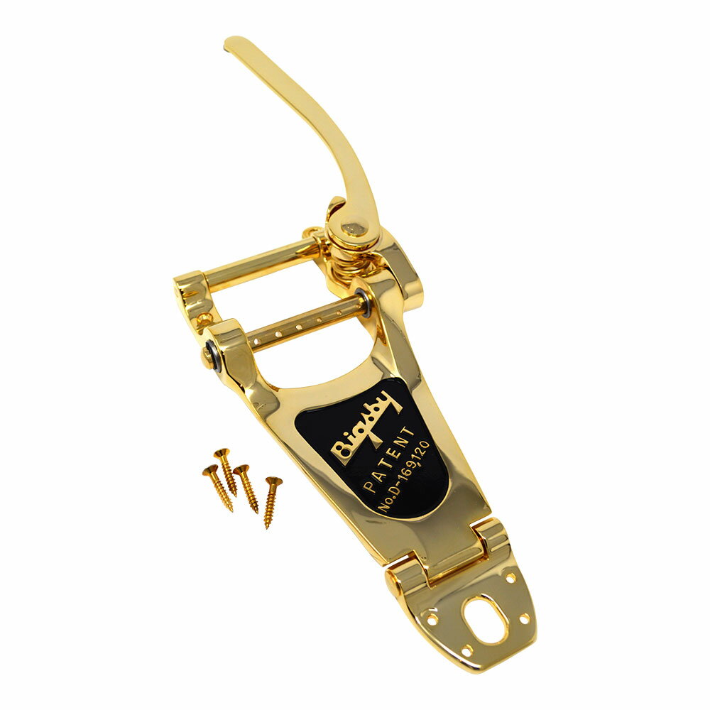 ※パーツの取り扱いには、相応の技術と知識が必要になります。自己責任にて取り扱い可能な方のみ、ご検討下さい。取り付け時に起った、楽器及びパーツの破損・損傷等につきましては当店は保証出来ません。あらかじめご了承下さい。BIGSBY ビグスビー B7G Vibrato Gold String-Through ヴィブラート トレモロユニットBigsbyを搭載したギターは、表現力豊かで流麗なサウンドを提供します。比類ないパフォーマンスとヴィンテージスタイルを求めるギタリストに人気のBigsbyトレモロシステムは、スムーズで繊細なピッチヴィブラートを実現します。クラシカルなルックスと簡単な取り付けにより、ギタリストに人気の高いチョイスです。Bigsby B7は、B3とB5を組み合わせたもので、ブリッジ上の弦のブレイクアングルを大きくするテンションバーが特徴です。ストリングスルー式のB7は、弦のボールエンドをストリングバーのポストに通す必要がないため、弦交換が容易に行えるピンレスデザインです。Gibson Les Paul Standard/Custom、Gibson 335を含むアーチトップソリッドボディ／セミホロウボディのギター向け設計されています。・オリエンテーション：Right-Hand・カラー：Gold・マウントタイプ：4-Hole