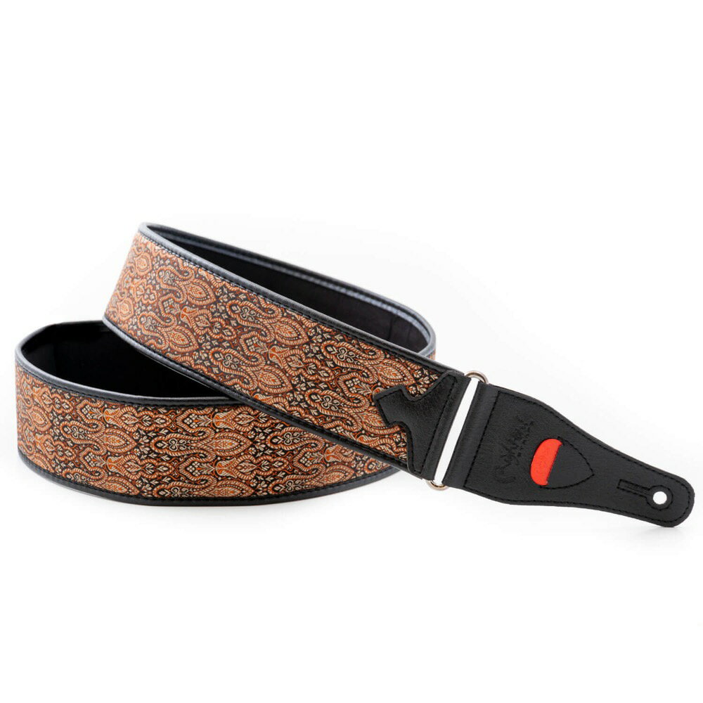 Righton! STRAPS ライトオンストラップ CORDOBA Brown ギターストラップCordobaは、コルドバのモスクとムデハル様式に着想を得たジャカード織ストラップです。モザイク模様が歴史ある建築美を彷彿とさせ、幅6 cmの適度な広さと約2.5 mm厚のパッドで肩への負担をやさしく分散します。長さは90 cm〜150 cmまで細かく調整でき、ギターやアコースティックギター、ベースギター、マンドリン、バンジョーなど多彩な弦楽器にフィットします。特徴モザイク模様のジャカード柄コルドバのモスクを思わせるタイル風パターンが楽器に上品なアクセントを与えます。幅6 cm＆約2.5 mm厚パッド肩への圧力を均一に分散し、長時間の演奏でも疲れにくい設計です。90 cm〜150 cmの幅広調整身長や演奏スタイルに合わせて素早く長さを設定でき、立奏・座奏を問わず快適にご使用いただけます。注意事項・高温多湿や直射日光が当たる場所での長時間保管はお避けください。・水濡れや汗が付着した際は、柔らかい布で拭き取り、陰干ししてください。・装飾部分や生地に強い衝撃を与えると損傷する恐れがあります。・ストラップピンの形状によっては外れやすい場合があります。装着後はしっかり固定を確認してください。・保証は初期不良のみ対象です。通常使用による摩耗や色落ちは保証範囲外となります。スペック長さ：90〜150cm幅：6cm素材：ヴィーガンレザー/GRS認証ファブリック