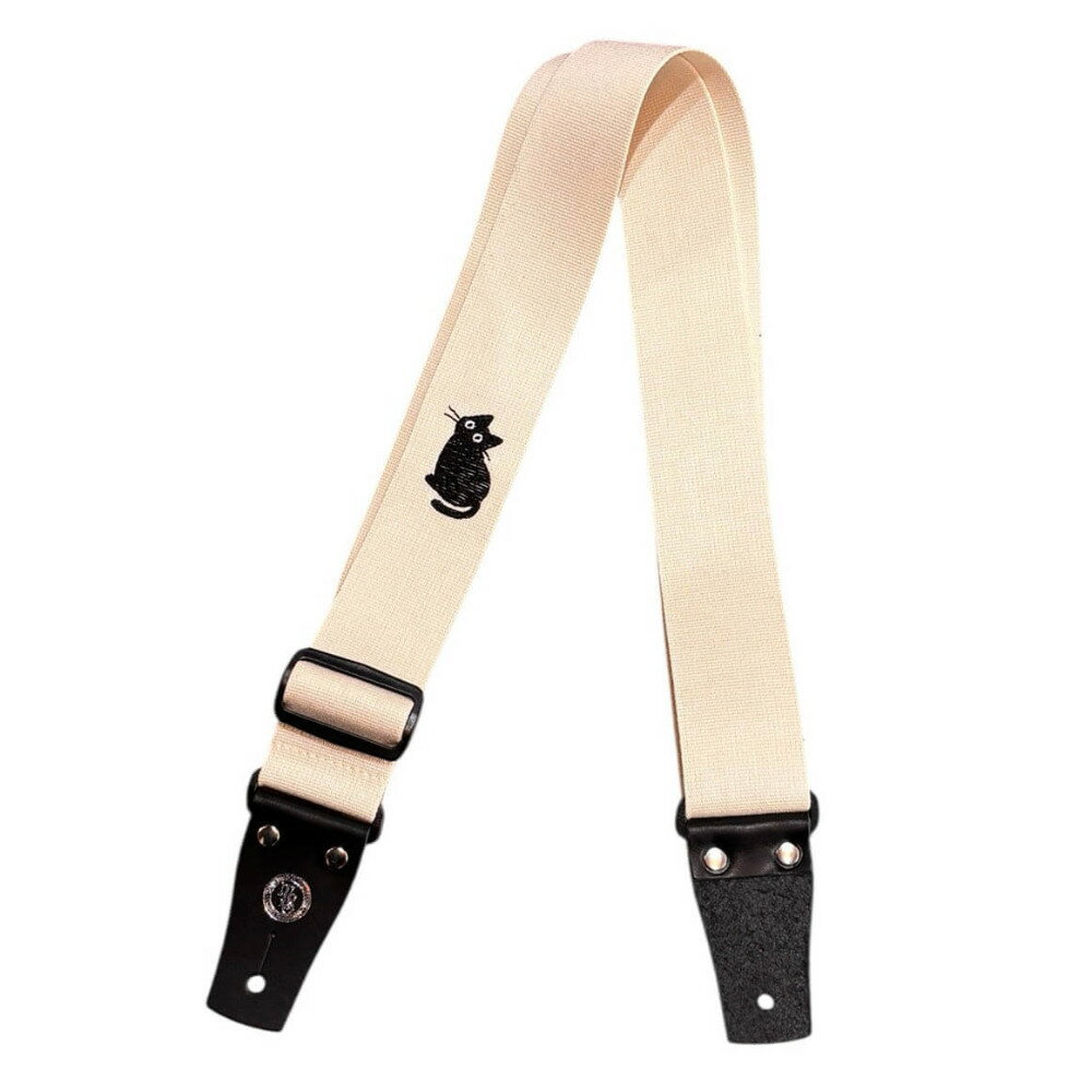 Grande uomo グランデウオモ TENDER STRAP TS-2 AC おすわりねこ ギターストラップ本体に柔らかくて肩への馴染みの良いアクリル製のベルトを使用したストラップです。剣先の革はしっかりとした本革を使う事により、強度も◎あえて金属ではなく、プラスチックパーツを使うことで、ギター本体に傷がつき難い設計となっております。革のワンポイントが効いていて可愛い逸品です。【スペック】・長さ：約85cm〜140cmまで調整可能・巾：5cm・本体素材：アクリル製テープ・革素材：牛革