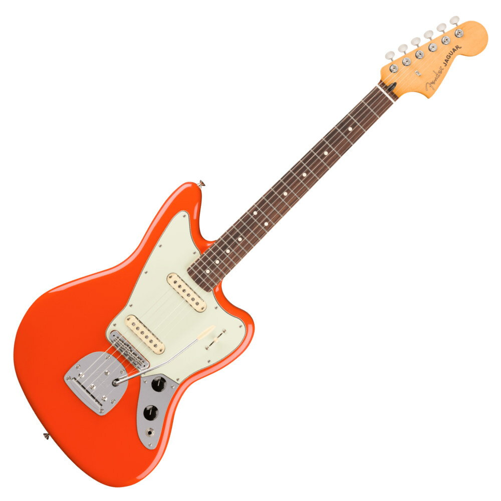 Fender フェンダー Player II Jaguar RW Rallye Orange エレキギター ジャガーPlayer IIシリーズは、フェンダーの伝統と進化を兼ね備え、フェンダーのDNAを持つアイコニックなサウンドとスタイルを提供します。現代のあらゆるプレイヤーのライブステージやスタジオワークに必要とされる汎用性の高い仕様を持ち、プレイヤーの演奏にインスピレーションを与える現代的なアップデートが施されています。また、本シリーズは、音楽に本気で取り組むプレイヤーも満足する製品ラインナップを取り揃え、これらを手頃な価格で実現しています。Player II Jaguarは、時代を超越したフェンダーの魅力を放ちながらも、その中身は現代プレイヤー向けにデザインされています。Modern "C"シェイプのネックバックにはシルキーなサテンウレタンフィニッシュが施されており、丁寧にロールオフされた指板エッジと22本のミディアムジャンボフレットを採用した9.5インチラジアスのスラブローズウッド指板が、ネック全長にわたり快適なプレイアビリティを提供します。クラシックなトーンウッドであるアルダーボディを採用したPlayer II Jaguar。Player Series Alnico V（ブリッジ）とAlnico II（ネック）Single-Coil Jaguarピックアップからはクリスタルのように澄み渡ったネックポジションのクリーントーンとバイト感に溢れるブリッジポジションのサウンドが得られます。3ウェイブレードスイッチにより、多彩なサウンド設計が可能です。フローティングトレモロと、アップグレードされたMustangサドル付き6サドル式Jaguarブリッジと、ClassicGearチューニングマシンによりチューニングの安定性と豊かな表現力が確保され、無限のサウンドの可能性を追求できる柔軟性を備えています。Player IIシリーズ製品は、フェンダーならではのルックス、トーン、フィーリングを備え、自分だけの個性的なサウンドを作り上げるのに最適な仕様でまとめ上げられています。【FEATURES】■ アルダーボディ■ Modern "C"ネックシェイプ■ 9.5インチラジアスのローズウッド指板、指板エッジロールオフ加工済み■ Player Series Alnico V / Alnico II Single-Coil Jaguarピックアップ■ フローティングトレモロと、アップグレードされたMustangサドル付き6サドル式Jaguarブリッジ■ ClassicGearチューニングマシン【スペック】・プロダクトネーム：Player II Jaguar, Rosewood Fingerboard, Rallye Orange・モデル番号：0140580530・シリーズ：Player II・オリエンテーション：Right-Hand・カラー：Rallye Orange・ヘッドストック：Jaguar・ネック：Maple・ネックフィニッシュ：Satin Urethane Finish on Back of Neck with Gloss Urethane Headstock Face・ネックシェイプ：Modern "C"・ネック：4-Bolt Standard・フィンガーボードラジアス：9.5" (241 mm)・フィンガーボードの素材：Slab Rosewood・ポジションインレイ：White Dot・Number of Frets：22・トラスロッド：Single Action, Head Adjust・トラスロッドナット：3/16" Hex Adjustment・ナット：Synthetic Bone・ナット幅：1.650" (42 mm)・ナットの素材：Synthetic Bone・フレットサイズ：Medium Jumbo・スケール：24" (610 mm)・ボディ：Alder・ボディフィニッシュ：Gloss Polyester・ボディシェイプ：Jaguar・Body Style：Solid Body・ボディ素材：Alder・ブリッジ：Jaguar Bridge with Mustang Saddles and Vintage Style "Floating" Tremolo Tailpiece・ブリッジカバー/テイルピース：Vintage-Style Floating Tremolo with Push-In Tremolo Arm・Bridge Mounting：Floating・ピックガード：3-Ply Parchment・ピックアップカバー：Aged White・コントロールノブ：Black Plastic with White Indicator・Switch Tip：Aged White・ハードウェアフィニッシュ：Nickel/Chrome・チューニングマシーン：Fender ClassicGear・String Trees：Butterfly・ストリング：Fender USA 250L Nickel Plated Steel (.009-.042 Gauges), PN 0730250403・トレモロアーム：Pop-In Vintage-Style Jaguar・ネックプレート：4-Bolt with "F" Logo・ストラップボタン：Standard・ブリッジピックアップ：Player Series Alnico 5 Jaguar Single-Coil・ネックピックアップ：Player Series Alnico 2 Jaguar Single-Coil・ピックアップコンフィギュレーション：SS・コントロール：Master Volume, Master Tone・スウィッチ：3-Position Blade: Position 1. Bridge Pickup, Position 2. Bridge and Neck Pickups, Position 3. Neck Pickup・ソフトケース付き