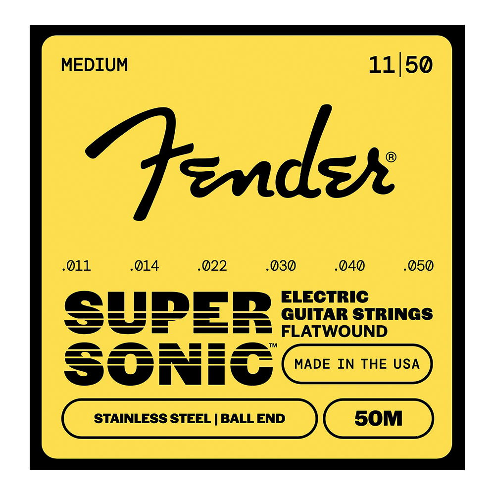 Fender フェンダー 50M SuperSonic 50 Stainless Flatwound Electric Guitar Strings 11-50 エレキギター弦SuperSonic 50ステンレススチールフラットワウンド弦は、世界中のジャズプレイヤーやスタジオミュージシャンに選ばれる上質なストリングシリーズです。フラットワウンド構造はフィンガーノイズを軽減し、スムーズな弾き心地と温かみのあるサウンドを実現します。さらに、ステンレススチール素材が優れた耐久性と長寿命を提供します。・ステンレススチール素材により、明るく明瞭なトーンを実現・耐腐食性に優れた設計で、長期間にわたり安定したパフォーマンスを提供・フラットワウンド構造により、スムーズで研磨されたような手触りと、指ノイズの少ない演奏性を実現・ジャズやスタジオワークに理想的な、温かく豊かなトーンを生み出す設計・クラシックなFenderカラーの色分けボールエンドを採用し、迅速かつ容易な弦交換をサポート【仕様】・素材：ステンレススチール・ストリングエンド：ボールエンド・ゲージ：.011, .014, .022, .030, .040, .050