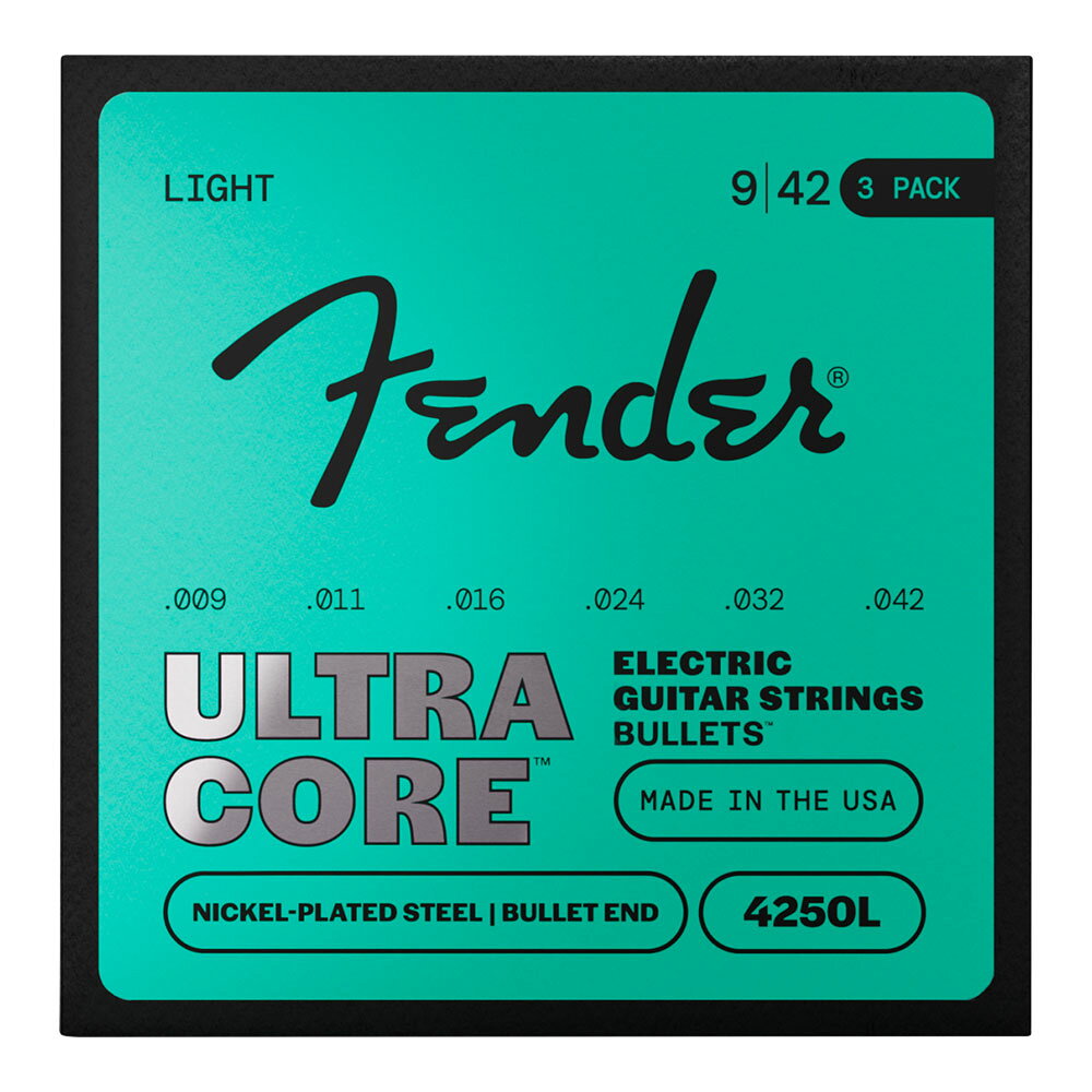 Fender フェンダー 4250L-3 Pack UltraCore 4250 Bullet Electric Guitar Strings 09-42 エレキギター弦 3セットパックUltraCoreニッケルプレートスチールブレットエンド弦は、上質を求めるプレイヤーのために設計され、洗練されたフィーリング、明瞭なクリアさ、強化されたチューニング安定性を提供します。高い耐久性と確かなピッチコントロールを実現する強化UltraCoreハイカーボンスチールワイヤーを採用。これをプレミアムなニッケルプレートスチールで巻き上げ、さらにStratocaster専用に設計された特許取得のブレットエンドデザインを組み合わせることで、トーン、耐久性、そして明瞭度をさらに高め、あらゆるトーンを次のレベルへ引き上げます。・優れたトーン、安定性、フィールを長期間維持する高品質なニッケルプレートスチール弦・ブレットエンド構造を採用し、優れたサスティンを実現・強化UltraCoreハイカーボンスチールコアにより、強度弾性安定したチューニングを提供・ヘックスコア構造により、精確なイントネーションと均一なテンションを確保・高品質ニッケル巻線が、明瞭さ、温かみ、ダイナミックなレスポンスを向上・高い耐切断性を備え、再調弦の頻度を低減・クラシックなFenderカラーによる色分けボールエンドで、迅速かつ容易な弦交換をサポート・Made in USA【仕様】・素材：ニッケルプレートスチール・ストリングエンド：ブレットエンド・ゲージ：.009, .011, .016, .024, .032, .042