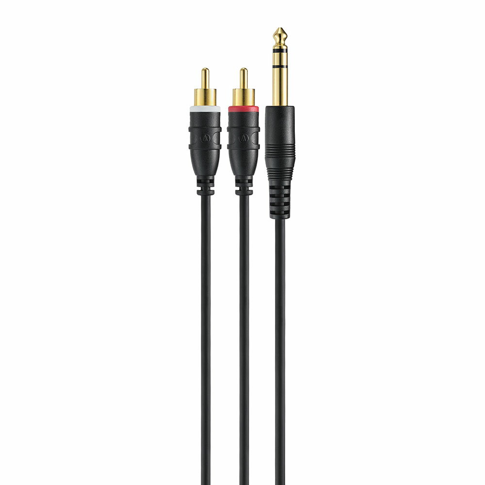 AUDIO-TECHNICA オーディオテクニカ AT-MI46/3.0 ステレオフォン-ピンプラグ×2 3.0m オーディオケーブル音質と使いやすさを両立したケーブル：φ6.3mmステレオ標準プラグーピンプラグ×2楽器やオーディオ機器をつなぐときに欠かせないケーブル。創業60年以上、音にこだわり続けてきたオーディオテクニカは、これまで数多くの高品質なケーブルを提供してきました。令和となった現在でも、配信文化の浸透やホームスタジオの普及、ポータブル機器の多様化などによりケーブルの利用シーンはますます広がっています。こうした背景を踏まえ、長年の音響技術やノウハウを継承し、今の時代に見合ったケーブルラインナップをご用意しました。確かな品質とお客様が求める環境にマッチするケーブルを厳選し、日本のオーディオメーカーが誇る音質をお求めやすい価格で提供します。さらに、本ラインナップは楽器への接続とオーディオ機器への接続、両方に対応できる汎用性の高さも特長となります。ギターやベース、キーボードなど楽器への接続から、アンプやミキサー、インターフェースなどオーディオ機器への接続まで対応できるため、つないだ機器同士、あるいは音響システム全体の音質向上を図ることができます。・音質重視のOFC(高純度無酸素銅)を採用・接触抵抗が少なく、経年劣化に強い金メッキプラグ・柔らかく取り回しやすいPVCシース・耐熱90度で機材周りでも安心して使用可能【仕様】・導体：無酸素銅(OFC)・ケーブル外径：φ4mm(φ6.3mmステレオ標準プラグ側)／φ3.8mm(ピンプラグ×2側)・コネクター：φ6.3mmステレオ標準プラグ－ピンプラグ×2・ケーブル長：3.0m (分岐部までの長さ：20cm)