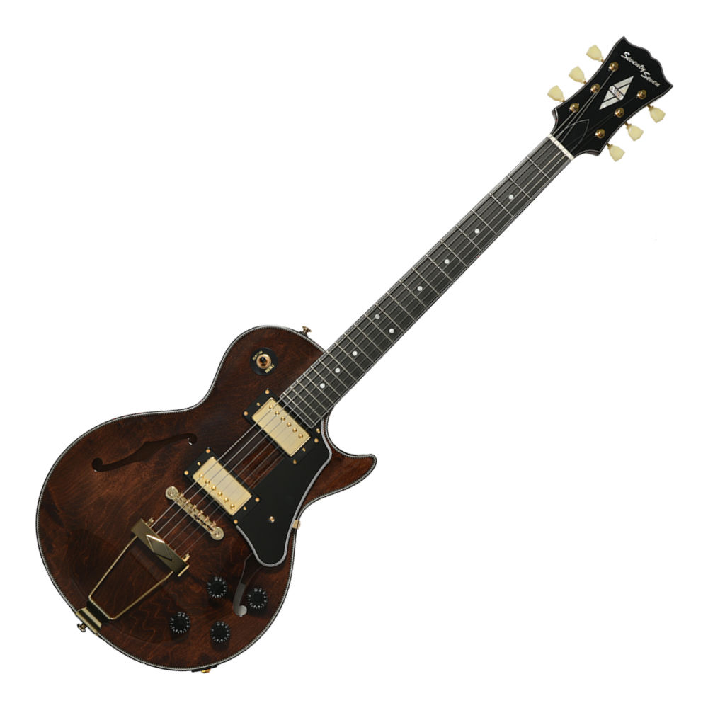 SeventySeven Guitars セブンティセブンギターズ STORK-STD-JT ABR セミアコースティックギター エレキギター セミアコ セミホロウ 77。STORKモデルがJapan Tune-upシリーズに登場シングルカットボディのセミホロウモデル「STORK」がJapan Tune-upシリーズより登場。Aska-Madeのラインナップでは需要に対して生産が追い付かず長らく生産休止状態となっていましたが、多くのユーザー様からの声にお応えし、Japan Tune-upシリーズにて新たなスタートを迎えました。特徴的なチャンバード構造はもちろん、JAZZギターらしさの詰まったデザインを踏襲しています。メイプルトップ x オクメボディボディトップにはプレーンメイプルを採用し、バック材にはマホガ二ーに似た音響特性で知られるアフリカ原産のオクメ材が使用されています。セミホロウモデルながらエレキギターに求められる芯のあるサウンドも持ち、Jazz以外のジャンルにも対応可能です。豊かな鳴りを生み出すチャンバード構造飛鳥工場製モデルの内部構造を踏襲し、大きく彫り込んだチャンバード構造を採用。センターブロックを残したセミホロウ構造でありながら、可能な限り広くくり抜く設計により、豊かな生鳴りと本体重量の軽量化を実現しています。木材の個性を伝えるカラーラインナップメイプル材の木目を生かしたシースルーカラーのフィニッシュを採用。末永くご愛用いただくために、Japan Tune-upシリーズの特徴であるプレイアビリティの面だけでなく、傍に置いておきたくなるような木の温かみを感じられるカラーをラインナップしています。ミカルタ指板指板にはエボニーにも近い見た目の樹脂素材を原料とした人工材、ミカルタを採用しています。優れた耐久性をもち、一般的によく用いられる木材の指板材に比べてメンテナンスも容易です。アルニコ2オリジナルピックアップアルニコ2マグネットを採用したSeventySevenオリジナルピックアップ、「SeventySeven AL2」を搭載。クリーントーンではきらびやかな鈴鳴り感を表現しつつも耳に痛くない暖かさを併せ持ち、ドライブをかけると歯切れの良いエッジの効いたクランチサウンドを出力します。プレイヤーの創造力を膨らませて豊かな演奏表現を生み出します。Klusonペグ標準搭載ペグには滑らかなつまみの回転と安定性を持ったKlusonブランドのペグを採用。チューニング時のストレスを減らし、演奏に集中することができます。SeventySeven Guitars Japan Tune-upシリーズ「SeventySeven Japan Tune-Upシリーズ」では、1977年のヘッドウェイ工場設立から40年以上の経験の中で培ったギター作りのノウハウに基づき、プレイヤーが豊かな音楽表現を生み出す力になるべく、ネックやフレットといった演奏性にダイレクトに関わってくる部分を細部にわたって調整し、工場出荷時の段階からプレイヤーの手になじむように細心の注意を払ってセットアップしております。是非手に取ってその演奏性、サウンドをお確かめください。日本工房による確かなセットアッププロギタリストは買ったギターをそのまま使わず、まずは信頼出来るリペアマンに預け好みのセッティングに調整してからステージに立つと聞きます。ギターに親しんだベテランは自分のギターのナットを自分で削り、好みの弾き心地になるまで手を加えます。確かなセットアップが施されていることは良い演奏をする上での大前提であり、SeventySeven Japan Tune-Up seriesでは、工場出荷時の段階からミュージシャンの即戦力となるように丁寧なセットアップが施されております。押さえやすい弦高調整ギターの弾きやすさに大きく関わってくるのが弦高です。弦の押さえやすさを重視した適正弦高に1本1本丁寧に調整しています。フレットエッジの丸め加工番手の違うサンドペーパーやスチールウールなどを使い分け、各フレットのエッジ部分に丁寧に丸みを付けることにより、左手の移動が滑らかになりました。ハイフレットまで滑るように移動が可能です。付属専用ハードケースSeventySevenロゴの入った専用ハードケース。大切な楽器をしっかりと保護します。【SPEC】Body Top：MapleBody：Okoume (Chambered)Neck：MapleFingerboard：MicartaNut：BoneBridge：ABR-1 TypeMachineheads：Kluson KTS90SLNFret：Nickel SilverPickups：SeventySeven AL2Controls：2Vol, 2Tone, 3way SwitchScale：628mm(24.75inch)Width at Nut：43mmFingerboard Radius：305RStrings：.010-.046Finish：Urethane UV CoatingAccessories：ハードケース、六角レンチ、保証書Color：ABR (Antique Brown)