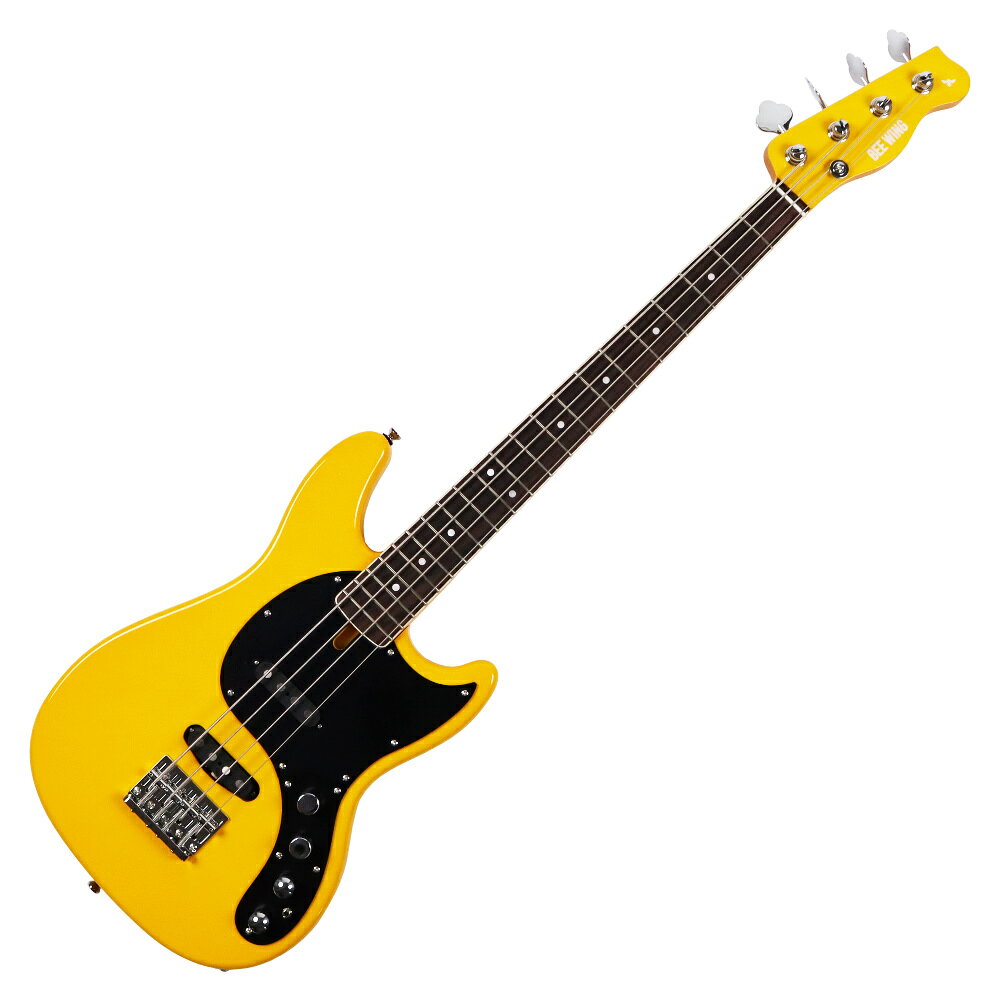 エレキベース BEE WING SHORT SCALE ALDER BW4SSL-YL 4弦 ショートスケール ALDERボディー Rosewood指板 Yellow ビーウィング 日本製約5年にわたる試作と検証を経てスタートする気鋭のベースブランド「BEE WING」。「現代の高解像度な環境でも、低音が輪郭を失わずに鳴り続けること。」を基準にゼロから開発されています。木工は見た目やスペックではなく、どの帯域がどう立ち上がるかを基準に、ネックやボディの形状を決定しています。弾いた瞬間に違和感がなく、長時間の演奏でも精度が落ちにくい構造がコンセプトです。電装部にはBee Wing Custom 2 band EQ（ショートスケールは2バンド）という、独自開発のプリアンプを搭載しています。いつでもどこでも手に入る単電池4本で駆動し、電池がなくてもパッシブでは動作する点も現場主義、実戦派という印象。ショートスケールですがナット幅は実測値で42.2mmとしっかり幅もあり、程よく肉付きもあるネックで、ハリがあってしっかりと前に出るトーンが特徴。EQの効きは非常によく、BASSをかなりブーストさせた状態でも輪郭を失わずスピード感を感じる反応の良さもあります。コントロールは2VOL、2バンドEQ、プリアンプON/OFFスイッチの構成です。Body：AlderNeck：MapleFingerboard：RosewoodScale：30 inch (762mm)Radius：9.5RFrets：21Nut width：42mmNeck depth：1F 23.5mm /12F 25.5mmPre-Amp：BW Custom 2 band EQPickups：BW Custom Alnico 5 Neck&BridgeControl：Neck Vol,Bridge Vol,Treble,Bass,Pre-Amp On/Off Sw.Color：Yellow