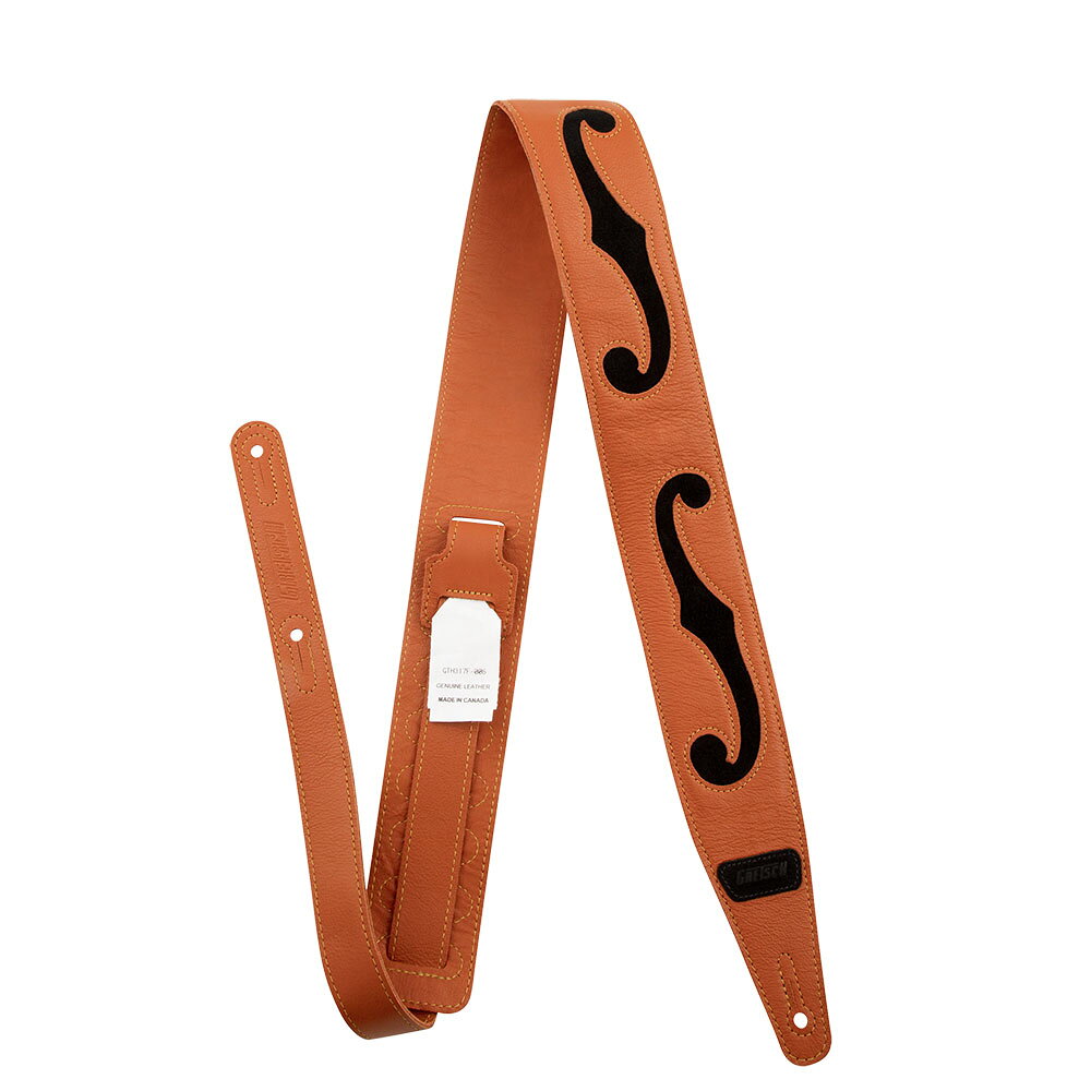 GRETSCH グレッチ F-Holes Leather Strap Orange and Black 3" ギターストラップFホールデザインと両ストラップエンドにGretschロゴをあしらった長さ調整可能な3インチ（76.2mm）幅レザーストラップ。・シリーズ：Straps・カラー：Orange with Black Accents・素材：Leather・原産国：CA