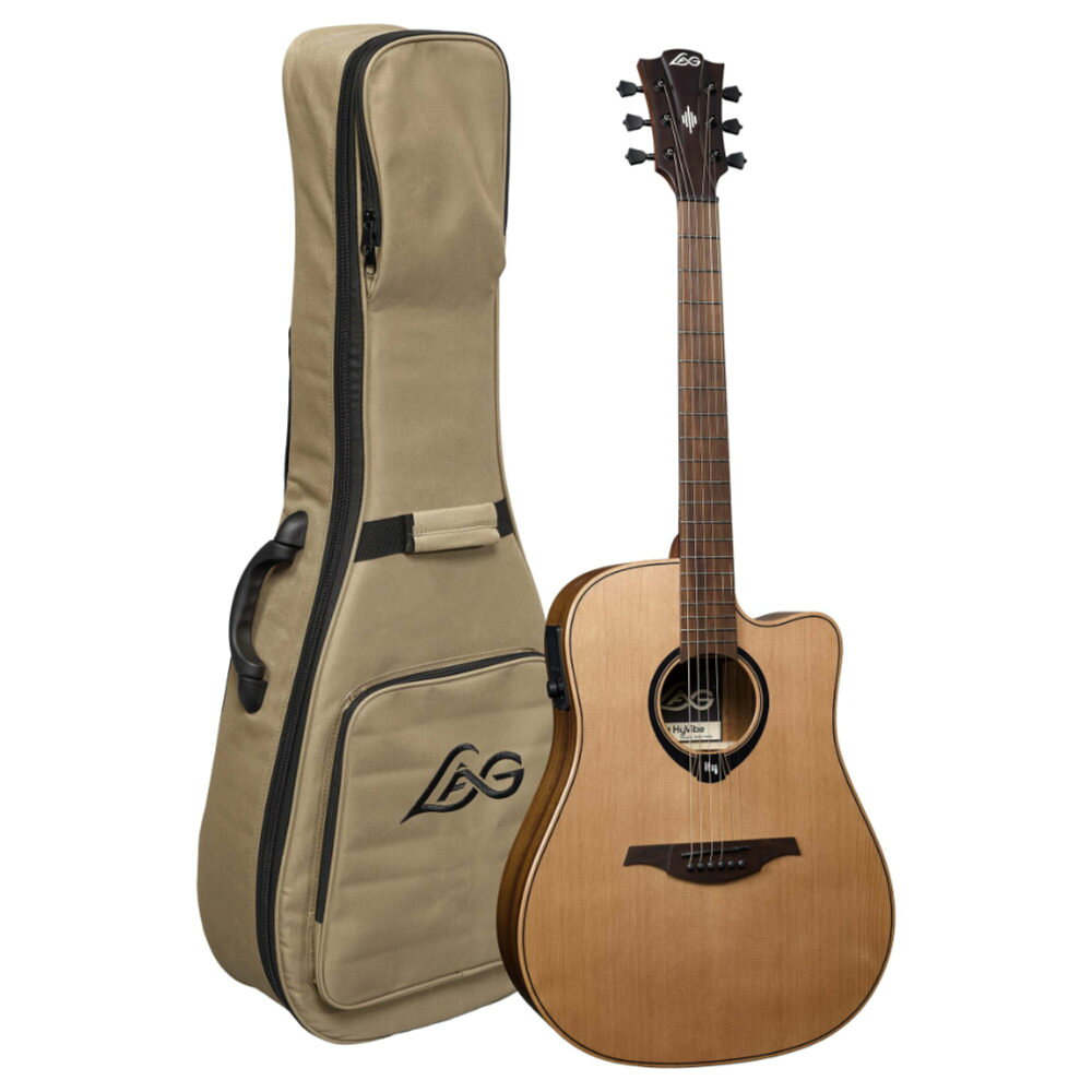 アコースティックギター LAG GUITARS HV10DCE NEW HYVIBEシリーズ スマートギター ドレッドノートサイズ エレアコギター最先端のアコギ体験を提供するスマートギター『Hyvibe』サウンドと操作性がパワーアップした新ラインナップが日本上陸！『Hyvibe』とは...HyVibeテクノロジーは、高性能プロセッサーによるデジタル処理によってトップ（ギタートップ）を振動させます。ルーパーやワイヤレススピーカーモードを搭載した、まさにオンボード型のマルチエフェクトユニットです。【H2 プリアンプ】長年にわたる研究開発を経て、HyVibeはその技術を進化させ、新たなプリアンプを発表しました。より高性能なプロセッサーと新しいアルゴリズムを採用したH2システムは、音質をこれまでにないレベルへと引き上げます。さらに、改良されたインターフェースにより操作性も向上し、すべての機能に対してより直感的かつ迅速にアクセスすることが可能となりました。【Hyvibe 10 シリーズ】単板シダートップと滑らかなサテン仕上げを採用したHyVibe 10シリーズは、ナチュラルで有機的なフィーリングと、温かみがありつつも明瞭なトーンを提供します。【仕様：HV10DCE】ボディ・シェイプ：ドレッドノート・トップ：ソリッドレッドシダー・バック＆サイド：Khaya・ブリッジ：ブラウンBrankoWood・仕上げ：サテン・カッタウェイ：ありネック・ネック材：Khaya・指板：ブラウンブランコウッド・指板ラジアス：350mm・トラスロッド：ダブルアクション・フレット数：20・フレットタイプ：ミディアム（シルバーニッケル）・ナット幅：43mm・ナット：ブラックグラファイト（72mm & 43mm）・スケール：650mm・ヘッドストック：ブラウンブランコウッドその他・エレクトロニクス：HyVibe H2・ペグ：ダイキャスト・ハードウェア：サテンブラック・付属品：ギグバッグ