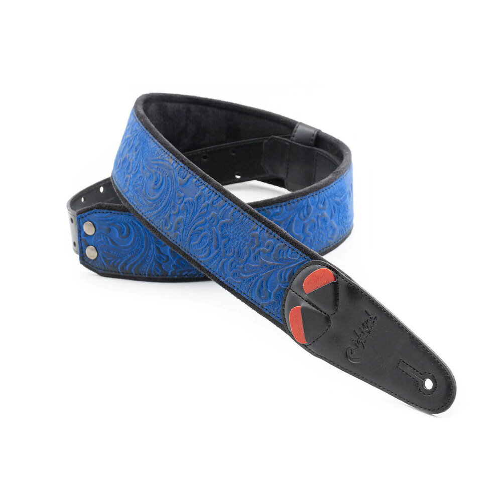 Righton! STRAPS ライトオンストラップ Sandokan-60 Blue ギターストラップSandokan-60 は、フローラル／ボタニカル調の型押し装飾を施した、クラシックなウエスタンスタイルのギターストラップです。カウボーイ映画やナッシュビル、アメリカーナを思わせるデザインが、力強さとヴィンテージ感のある存在感を演出します。幅は6cm、長さは約100cm〜145cmまで調整可能。RightOn! 独自の RAS（Righton Adjustment System）により、演奏スタイルや体格に合わせて好みの長さに調整できます。素材には高品質な合成素材と環境に配慮したファブリックを採用。裏面にはGRSマイクロファイバーを使用しており、演奏時の動きを妨げにくい適度な滑りを持ちながら、汗をはじきやすい仕様です。さらに、4mm厚のラテックスパッドにより、軽量で快適な装着感を実現。素材が汗を吸収しにくいため、使用後は乾いた布などで軽く拭き取ることで、より清潔に保つことができます。フロントエンドには小型のピックポケットを2つ、バックエンドには最大3枚のピックを収納できる Fast Pick Dispenser を装備。演奏中のピック紛失を防ぎ、ライブや練習時にも便利に使用できます。RightOn! Strapsの製品は、すべてスペインでデザイン・製造されています。【スペック】・幅：6 cm・最短時：100 cm・最長時：145 cm・対応楽器：エレキギター、アコースティックギター、ベース、マンドリン、バンジョー・素材：テキスタイル、ヴィーガンレザー、GRSファブリック