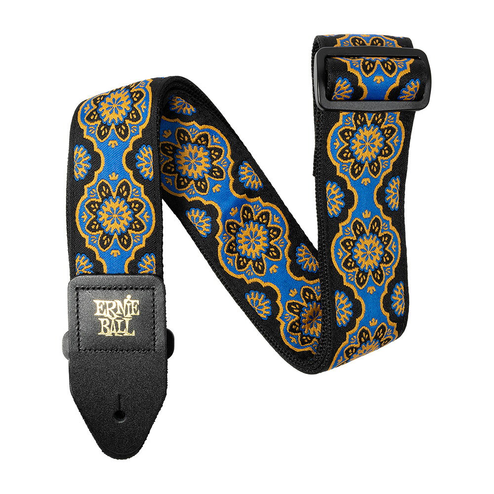 ERNIE BALL アーニーボール 5634 Kaleidoscope Blue Jacquard Strap ギターストラップ PO5634ERNIEBALL ジャカードストラップシリーズ。耐久性と快適さを兼ね備えたポリプロピレン・ウェビングに、マシンステッチ仕上げのレザーエンドを採用。エクストラロングまで調整可能な設計で、あらゆる用途に対応します。【製品外寸】・長さ：約104cm〜183cm・幅：約5cm・質量：約130g
