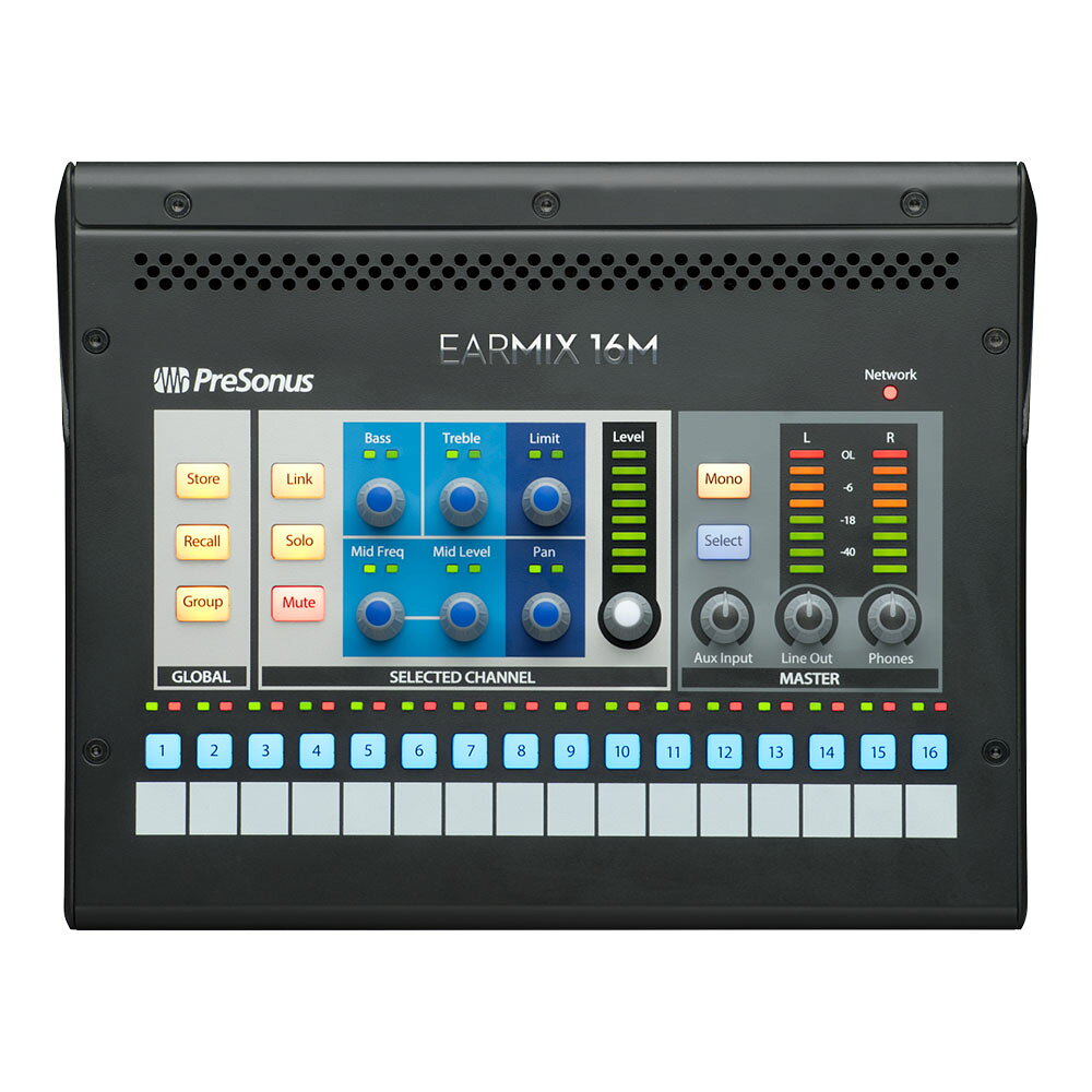 PreSonus プレソナス EarMix 16M Personal Monitor Mixer パーソナルモニターミキサーPreSonus EarMix 16Mパーソナルモニターミキサーは、PreSonusのStudioLive Series IIIミキサーとシームレスに動作するように設計されており、他のAVB対応システムとも互換性があります。さらに、Aux入力により、外部ソースをローカルミックスに追加できます。ステレオチャンネルリンキングとチャンネルグルーピング、各チャンネルとメインミックスの3バンドEQとリミッター、バランス1/4インチTRS L/R出力、高品質なインイヤーモニターなどの低インピーダンスデバイスを駆動できる大音量でクリアなヘッドフォンアンプを搭載しています。2系統のAVB端子によりデイジーチェーン接続が可能で、StudioLive Series IIIミキサーと最大24台までネットワーク接続できます。また、EarMix 16Mは、付属の外部電源または対応するスイッチからイーサネット（PoE）経由で電源を供給することができます。・16x2 AVBネットワーク・パーソナル・モニター・ミキサー・低インピーダンスのインイヤーモニターを駆動できる、大音量でクリアなヘッドホンアンプ・全チャンネルとメインミックスに3バンドEQとリミッターを装備・ステレオ・チャンネル・リンクとチャンネル・グループ化・PoE電源対応・AVBイーサネットポート ×2；StudioLive Series IIIミキサーと最大24台までネットワーク接続可能・Headphone Jack：1/4" Stereo・ボルト：24V DC・Digital Audio Dynamic Range：115 dB (A-Weighted, 48 kHz)・Headphone Outputs Frequency Response：20 Hz to 20 kHz, +/-0.5 dB・Headphone Outputs Maximum Output：150 mW /Channel at 60 Ω・Headphone Outputs Total Harmonic Distortion：0.01%, 1 kHz, Maximum Gain, 20 Hz BW, Unweighted・Line Outputs Connection Type：1/4" TRS, Balanced・Line Outputs Maximum Output Level：+18 dBu, ±0.5 dBu・Line Outputs Output Impedance：100 Ohms・Digital Audio AVB Audio Network Ports：RJ-45・Supported Sample Rates：48 kHz, 44.1 kHz