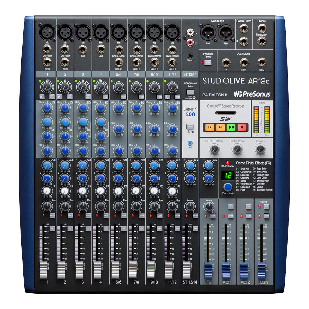 PreSonus プレソナス StudioLive AR12c Analog Mixer アナログミキサークラシックなアナログ・ミキサーのデザインに縛られることなく、StudioLive AR12cはレコーディングの為に作られました。8基のハイゲインXMAXマイク・プリアンプ、14×4 24ビット 96kHz USB-C対応のUSB2.0オーディオ・インターフェイスと、アナログ・フロントエンドを組み合わせたStudioLive AR12cのハイブリッドなデザインにより、ミキシングとレコーディングを簡単に行うことができます。さらに、音楽的な3バンド・アナログEQ、ヴィンテージ・シンセを含むローレベル・ソース用のマイク／ライン・ブースト、リッチなリバーブと豊かなディレイを備えた新デジタル・エフェクト、Bluetooth接続、ステレオSDレコーダーを追加すれば、現代のミュージシャンとコンテンツ・クリエイターの両方のニーズを満たすミキシングとレコーディングを行うための最強のツールが完成します。・14インx4アウト 24-bit/96kHz、USB 2.0（USB-C接続）のオーディオ・レコーディング・インターフェース・2x2 SDレコーダー（メインミックスを録音）、最大32GBまでのSDおよびSDHCフォーマットに対応・14チャンネル・アナログ・ミキサー：　XMAXマイクプリアンプ付きバランスマイク入力 ×8、インストゥルメント入力 ×2、バランスラインレベル入力 ×12、インサートポイント ×2　ステレオスーパーチャンネル（Ch.13/14）、Bluetooth5.0ワイヤレス、RCA入力、1/8インチステレオ入力、ステレオ再生切替可能なSD/USB　ステレオ・エフェクト・プロセッサー（16プリセット、専用センド＆リターン、バイパス・フットスイッチ・ジャック付）・完全なレコーディング・ソリューション： ライブ録音ソフトウェアCaptureとMacおよびWindows用 Fender Studio Pro (永続版)を同梱【スペック】・プロダクトネーム：StudioLive AR12c Analog Mixer, Blue, 100-120V JP・モデル番号：2779207101・シリーズ：StudioLive・カラー：Blue・ボルト：100-120V JP・Phantom Power：+48 VDC・Digital Audio Bit Depth：24・Digital Audio Dynamic Range：105 dB (A-Weighted, 48 kHz)・Instrument Input Connection Type：1/4” TS Female, Unbalanced, Hi-Z・Instrument Inputs Dynamic Range：＞ 108 dB (Mid Gain, Unweighted)・Instrument Inputs Frequency Response：20 Hz to 20 kHz, +0.5/-1.5 dB・Instrument Inputs Gain Range：43 dB, ±1 dB (+12 to +55 dB)・Instrument Inputs Maximum Level：+9 dBu ±1.0 dB (Minimum Gain, 1 kHz@0.5% THD + N)・Line Input Connection Type：1/4" TRS, Balanced・Line Inputs Frequency Response：20 Hz to 20 kHz, +0.5/-1.5 dB・Line Inputs Gain Range：Mono: 40 dB, ± 1 dB, Stereo: 0 dB or 10 dB・Line Inputs Impedance：10 kΩ (Balanced)・Line Inputs Maximum Level：+26 dBu ±1.0 dB (Minimum Gain, 1 kHz@0.5% THD + N)・Line Inputs Signal To Noise Ratio：85 dB (+4 dBu)・Line Inputs Total Harmonic Distortion：＜0.01% (1 kHz, -1 dBFS, A-Weighted)・Microphone Preamp Common Mode Rejection Ratio：65 dB (1 kHz, +55 dB Gain)・Microphone Preamp Equivalent Input Noise：＜128 dBu・Microphone Preamp Frequency Response：20 Hz to 20 kHz, +0.5/-1.5 dB・Microphone Preamp Gain Control Range：43 dB (+12 to +55 dB)・Microphone Preamp Input Impedance：1 kΩ・Microphone Preamp Maximum Input Level：+9 dBu ± 1.0 dB (Unity Gain)・Microphone Preamp Signal To Noise Ratio：94 dB (+4 dBu)・Microphone Preamp Total Harmonic Distortion：＜0.01% (Minimum Gain, A-Weighted)・Headphone Outputs Dynamic Range：＞103 dB (A-Weighted)・Headphone Outputs Frequency Response：20 Hz to 20 kHz, +0.5/-1.5 dB・Headphone Outputs Maximum Output：150 mW /Channel at 60 Ω・Headphone Outputs Total Harmonic Distortion：＜0.01% (Bandwidth 20 Hz - 20 kHz, -1 dBFS, Unweighted)・Line Outputs Connection Type：1/4" TRS, Balanced・Line Outputs Maximum Output Level：+18 dBu・Line Outputs Output Impedance：100 Ohms・Main And Line Outputs Dynamic Range：＞108 dB (A-wtd)・Main And Line Outputs Frequency Response：20 Hz to 20 kHz, +0.5/-1.5 dB・Main And Line Outputs Total Harmonic Distortion：＜0.01% (Bandwidth 20 Hz - 20 kHz, -1 dBFS, Unweighted)・Digital Audio USB Recording Port：USB 2.0・パワーケーブル：IEC・Supported Sample Rates：44.1, 48, 88.2, 96 kHz