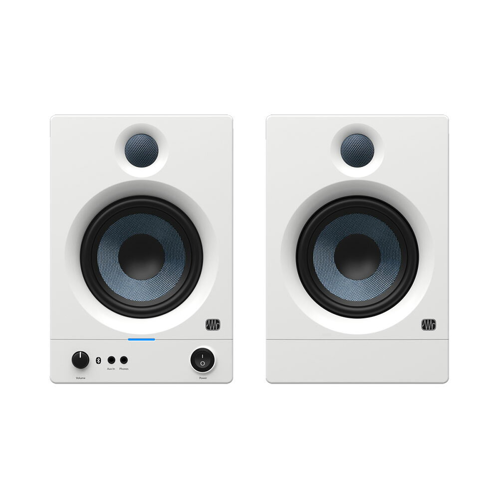 PreSonus プレソナス Eris 5BT White パワードスピーカー Bluetooth対応 1ペアベストセラーのスタジオ・モニターがさらに進化しました。スタジオクオリティのサウンドをエレガントでコンパクトな筐体で実現しEris 5BTメディア・リファレンス・モニターは、ベッドルームスタジオやビデオ制作、ハイファイゲームに最適なスピーカーです。片側50Wのオンボード・パワーを持つEris 5BTリファレンス・モニターは、クリアで正確なサウンドを提供しながら、パワフルさも兼ね備えています。Eris 5BTの5.25インチ・ウーファーは、タイトな低音を感じさせるとともに、全体的にクリーンなサウンドを実現します。インチサイズのシルクドーム・トゥイーターは、洗練された高域を生み出し、広いパターンで音を解き放つように設計されているため、広範囲で最適なリスニング・エリアを構築します。従来の設計よりも改善されたスピーカーのヴォイシングにより、豊かな低域からのスムーズなクロスオーバーが実現し、周波数帯域全体にわたって明瞭で正確な音を再現し、疲労の少ないリスニング体験を提供します。フロントパネル・ノブで、パワーアンプと大音量でクリアなヘッドフォンアンプの両方のレベルをコントロールすることができます。Eris 5BTリファレンス・モニターは、高速で信頼性の高いステレオBluetooth 5.0接続を含む4種類の入力端子を備え、どんなオーディオ・ソースも簡単に接続することができます。背面に搭載された高域と低域のコントロールノブにより、Erisスピーカーの周波数特性を簡単に調整でき、空間の音響特性を補正し、可能な限り正確な音を再生します。もう少しローエンドが必要な場合はEris Sub8 BTを追加することで、完璧にマッチした2.1サウンド・システムを構築することができます。・5.25インチ、ウーブン・コンポジット製、低周波ドライバー・1インチ、超低質量、シルクドーム型、高周波ドライバー・高速で信頼性の高いステレオBluetooth 5.0ワイヤレス入力・100W Class Dアンプ・70Hz〜20kHzの周波数特性・100dB SPL（ピーク、@ 1 meter）・高域と低域のアコースティック・チューニング・コントロール・バランス1/4インチTRS入力、アンバランス1/8インチステレオおよびRCA入力、フロントパネルに1/8インチ出力、ステレオヘッドフォンアンプ内蔵・プロテクション： RF干渉、出力電流制限、過熱、トランジェントのオン／オフ、サブソニックフィルタ・パワーセーバーモード（40分後に作動）・スピーカーワイヤー、1/8TRS-ステレオRCAケーブル、1/8ステレオTRSー1/8TRSケーブル付属【スペック】・プロダクトネーム：Eris 5BT, White, JP・モデル番号：2777507138・シリーズ：Eris・カラー：White・ボルト：100-120V JP・入力インピーダンス：10 kΩ・Bluetooth：Bluetooth V5.0・Peak SPL：104 dB (@ 1 meter)・Crossover Frequency：3.3 kHz・キャビネット：Vinyl-Laminated, Medium-Density Fiberboard・Audio Controls：　Volume　High Frequency (±6 dB, center 10 kHz, continuously variable)　Low Frequency (±6 dB, center 100 Hz, continuously variable)・Monitor Inputs：・Monitor Type：2-Way Active・Power Amplifier Type：Class D・フットスイッチ：NA・パワーケーブル：IEC・Protections：RF InterferenceOutput-Current LimitingOver-TemperatureTurn-On/Off TransientSubsonic Filter