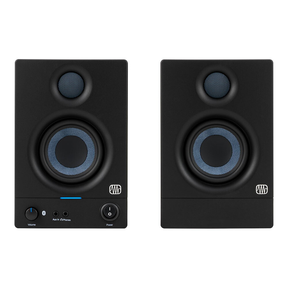 PreSonus プレソナス Eris 3.5BT Black パワードスピーカー Bluetooth対応 1ペアベストセラーのスタジオ・モニターがさらに進化しました。スタジオクオリティのサウンドをエレガントでコンパクトな筐体で実現しEris 3.5BTメディア・リファレンス・モニターは、ベッドルームスタジオやビデオ制作、ハイファイゲームに最適なスピーカーです。片側25Wのオンボード・パワーを持つEris 3.5BTリファレンス・モニターは、クリアで正確なサウンドを提供しながら、パワフルさも兼ね備えています。Eris 3.5BTの3.5インチ・ウーファーは、タイトな低音を感じさせるとともに、全体的にクリーンなサウンドを実現します。インチサイズのシルクドーム・トゥイーターは、洗練された高域を生み出し、広いパターンで音を解き放つように設計されているため、広範囲で最適なリスニング・エリアを構築します。従来の設計よりも改善されたスピーカーのヴォイシングにより、豊かな低域からのスムーズなクロスオーバーが実現し、周波数帯域全体にわたって明瞭で正確な音を再現し、疲労の少ないリスニング体験を提供します。フロントパネル・ノブで、パワーアンプと大音量でクリアなヘッドフォンアンプの両方のレベルをコントロールすることができます。Eris 3.5BTリファレンス・モニターは、高速で信頼性の高いステレオBluetooth 5.0接続を含む4種類の入力端子を備え、どんなオーディオ・ソースも簡単に接続することができます。背面に搭載された高域と低域のコントロールノブにより、Erisスピーカーの周波数特性を簡単に調整でき、空間の音響特性を補正し、可能な限り正確な音を再生します。もう少しローエンドが必要な場合はEris Sub8 BTを追加することで、完璧にマッチした2.1サウンド・システムを構築することができます。・3.5インチ、ウーブン・コンポジット製、低周波ドライバー・1インチ、超低質量、シルクドーム型、高周波ドライバー・高速で信頼性の高いステレオBluetooth 5.0ワイヤレス入力・50W (25W／サイド) Class ABアンプ・80Hz〜20kHzの周波数特性・98dB SPL（ピーク、@ 1 meter）・高域と低域のアコースティック・チューニング・コントロール・バランス1/4インチTRS入力、アンバランス1/8インチステレオおよびRCA入力、フロントパネルに1/8インチ出力、ステレオヘッドフォンアンプ内蔵・プロテクション： RF干渉、出力電流制限、過熱、トランジェントのオン／オフ、サブソニックフィルタ・パワーセーバーモード（40分後に作動）・スピーカーワイヤー、1/8TRS-ステレオRCAケーブル、1/8ステレオTRSー1/8TRSケーブル付属【スペック】・プロダクトネーム：Eris 3.5BT, Black, JP・モデル番号：2777507122・シリーズ：Eris・カラー：Black・ボルト：100-120V JP・入力インピーダンス：10 kΩ・Bluetooth：Bluetooth V5.0・Peak SPL：98 dB (@ 1 meter)・Crossover Frequency：2.8 kHz・キャビネット：Vinyl-Laminated, Medium-Density Fiberboard・Audio Controls：　Volume　High Frequency (±6 dB, center 10 kHz, continuously variable)　Low Frequency (±6 dB, center 100 Hz, continuously variable)・Monitor Inputs：・Monitor Type：2-Way Active・Power Amplifier Type：Class AB・フットスイッチ：NA・パワーケーブル：IEC・Protections：RF InterferenceOutput-Current LimitingOver-TemperatureTurn-On/Off TransientSubsonic Filter