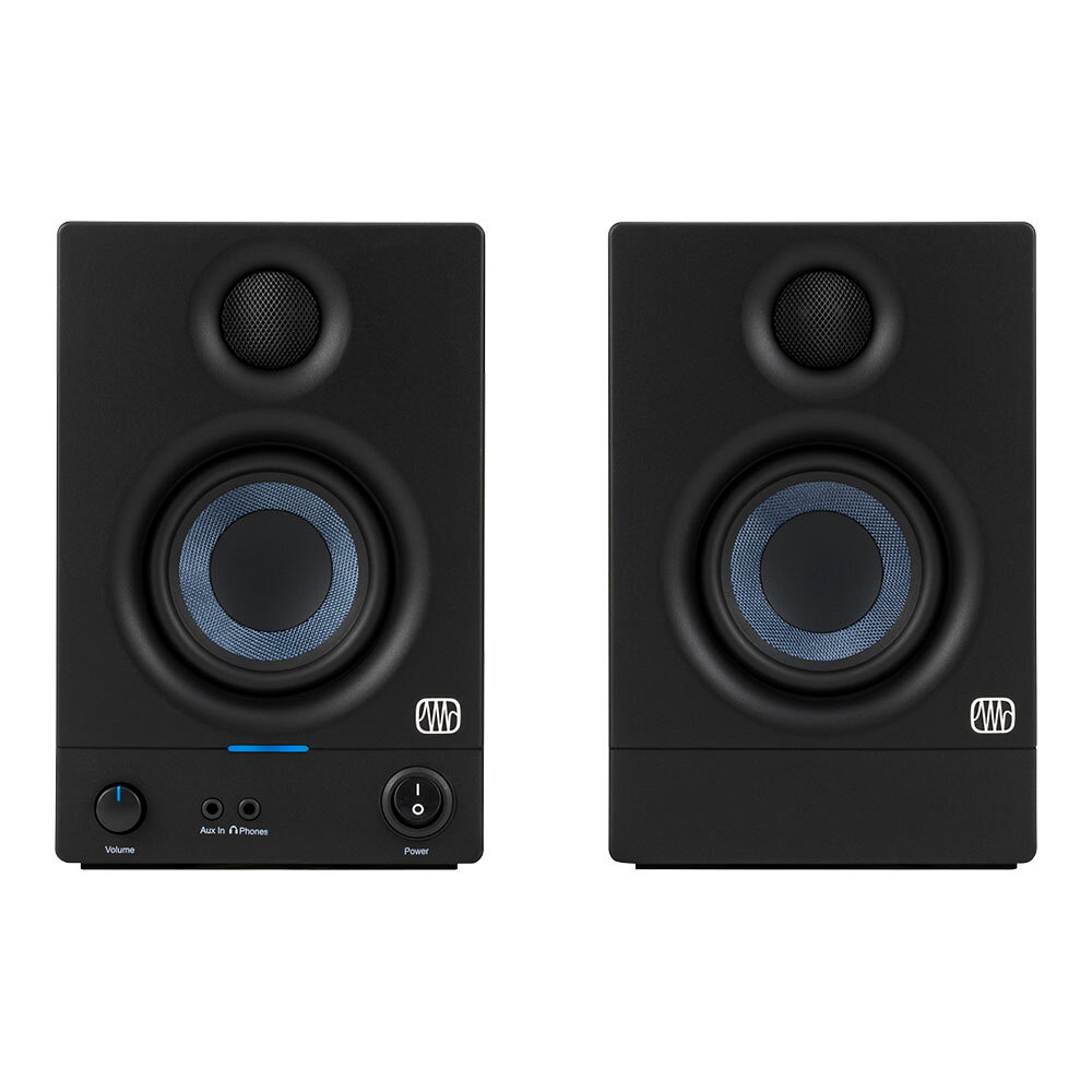 PreSonus プレソナス Eris 3.5 Black パワードスピーカー 1ペアベストセラーのスタジオ・モニターがさらに進化しました。スタジオクオリティのサウンドをエレガントでコンパクトな筐体で実現しEris 3.5メディア・リファレンス・モニターは、ベッドルームスタジオやビデオ制作、ハイファイゲームに最適なスピーカーです。このPreSonus Erisシリーズのスタジオモニターは、レコーディングの細部まで聴き取る必要のあるオーディオエンジニアやプロデューサーに世界中で愛用されています。片側25Wのオンボード・パワーを持つEris 3.5リファレンス・モニターは、クリアで正確なサウンドを提供しながら、パワフルさも兼ね備えています。Eris 3.5の3.5インチ・ウーファーは、タイトな低音を感じさせるとともに、全体的にクリーンなサウンドを実現します。インチサイズのシルクドーム・トゥイーターは、洗練された高域を生み出し、広いパターンで音を解き放つように設計されているため、広範囲で最適なリスニング・エリアを構築します。従来の設計よりも改善されたスピーカーのヴォイシングにより、豊かな低域からのスムーズなクロスオーバーが実現し、周波数帯域全体にわたって明瞭で正確な音を再現し、疲労の少ないリスニング体験を提供します。フロントパネル・ノブで、パワーアンプと大音量でクリアなヘッドフォンアンプの両方のレベルをコントロールすることができます。Eris 3.5リファレンス・モニターは、3種類の入力端子を備えているため、どんなオーディオ・ソースも簡単に接続することができます。背面に搭載された高域と低域のコントロールノブにより、Erisスピーカーの周波数特性を簡単に調整でき、空間の音響特性を補正し、可能な限り正確な音を再生します。もう少しローエンドが必要な場合はEris Sub8 BTを追加することで、完璧にマッチした2.1サウンド・システムを構築することができます。・3.5インチ、ウーブン・コンポジット製、低周波ドライバー・1インチ、超低質量、シルクドーム型、高周波ドライバー・50WのクラスABデュアル・アンプ・80Hz〜20kHzの周波数特性・98dB SPL（ピーク、@ 1 meter）・高域と低域のアコースティック・チューニング・コントロール・バランス1/4インチTRS入力、アンバランス1/8インチステレオおよびRCA入力、フロントパネルに1/8インチ出力、ステレオヘッドフォンアンプ内蔵・プロテクション： RF干渉、出力電流制限、過熱、トランジェントのオン／オフ、サブソニックフィルタ・パワーセーバーモード（40分後に作動）・スピーカーワイヤー、1/8TRS-ステレオRCAケーブル、1/8ステレオTRSー1/8TRSケーブル付属【スペック】・プロダクトネーム：Eris 3.5, Black, JP・モデル番号：2777507121・シリーズ：Eris・カラー：Black・ボルト：100-120V JP・入力インピーダンス：10 kΩ・Peak SPL：98 dB (@ 1 meter)・Crossover Frequency：2.8 kHz・キャビネット：Vinyl-Laminated, Medium-Density Fiberboard・Audio Controls：　Volume　High Frequency (±6 dB, center 10 kHz, continuously variable)　Low Frequency (±6 dB, center 100 Hz, continuously variable)・Monitor Inputs：・Monitor Type：2-Way Active・Power Amplifier Type：Class AB・フットスイッチ：NA・パワーケーブル：IEC・Protections：RF InterferenceOutput-Current LimitingOver-TemperatureTurn-On/Off TransientSubsonic Filter