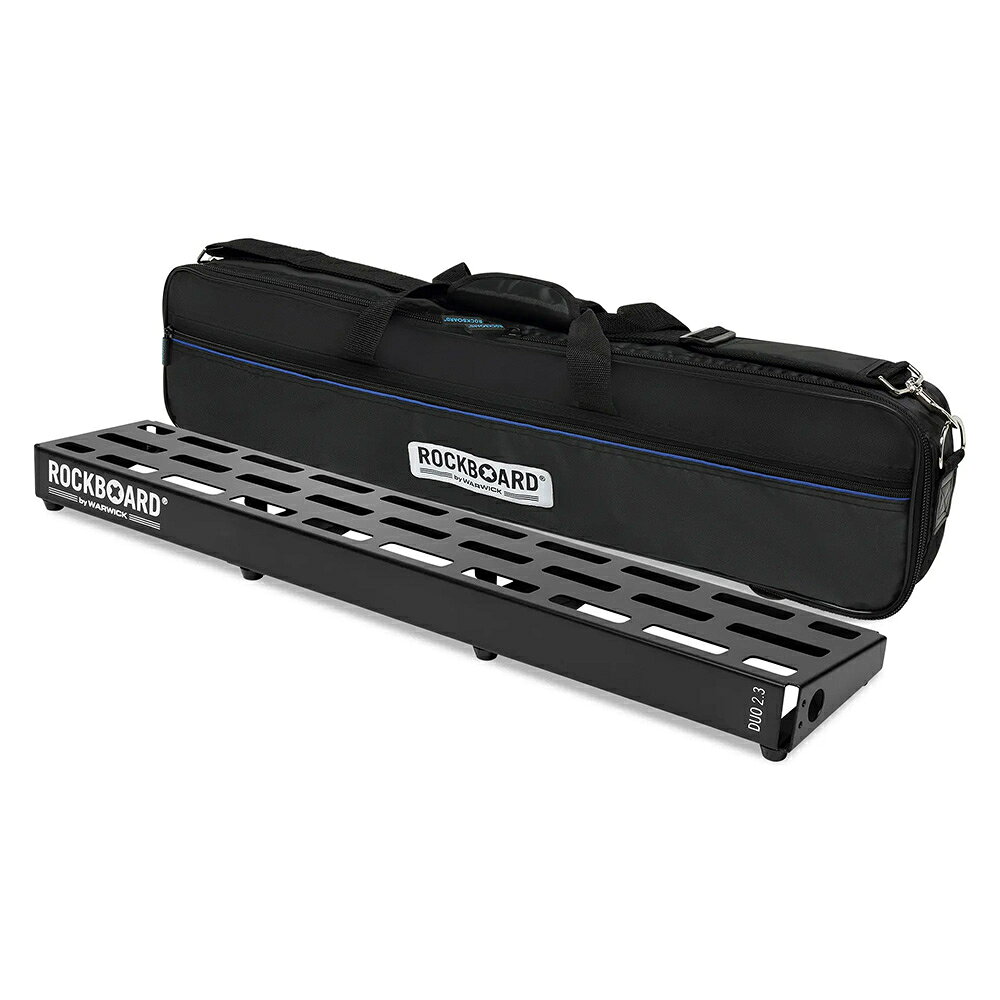RockBoard RBO B 2.3 DUO 2.3 Pedalboard with Gig Bag ギグバッグ付きペダルボード 72cm×14cm品番：RBO B 2.3 DUO B・約7〜11個のエフェクターを収納可能（サイズにより異なる )・頑丈で軽量なアルミニウム製・ペダルの取り付けが容易な溝付きデザイン・RockBoard LED Light（別売）用の取り付け穴を両サイドに配置・1枚の冷間圧延アルミニウム板を使用・剛性を高めるためにU字型のサポートブレースを追加・10度の角度をつけた、溶接部のないプレーンなボード面・堅牢なブラックパウダーコート仕上げ・幅 722 mm / 28 27/64"・奥行 142 mm / 5 19/32"・ゴム足を含む高さ 35 - 58 mm / 1 3/8" - 2 5/16"・重量 1.0 kg / 2.2 ポンド。・ギグバッグ付き・ギグバッグ重量約0.5kg/1.0ポンド。・粘着フック（幅50 mm / 1 15/16インチ）とループテープ（幅25 mm / 1インチ）およびケーブルタイを含む冷間圧延アルミニウムの一枚板から作られた独創的で軽量、かつ堅牢で頑丈な構造は、垂直方向のサポートストラットによって安定性を高め、溶接継ぎ目は一切ありません。その結果、端から端まで使用できる、完全にフラットでねじれに強い表面が実現しました。革新的なスロットデザインにより、すべてのケーブルをボード表面の下に便利かつすっきりと配線できます。精密に設計されたスロットパターンは、革新的なQuickMountシステムにぴったりフィットし、面ファスナーは不要です。ほぼすべての一般的な電源アダプターを底面に取り付けることができます。安全な持ち運びのために、プレミアムギグバッグが付属しています。