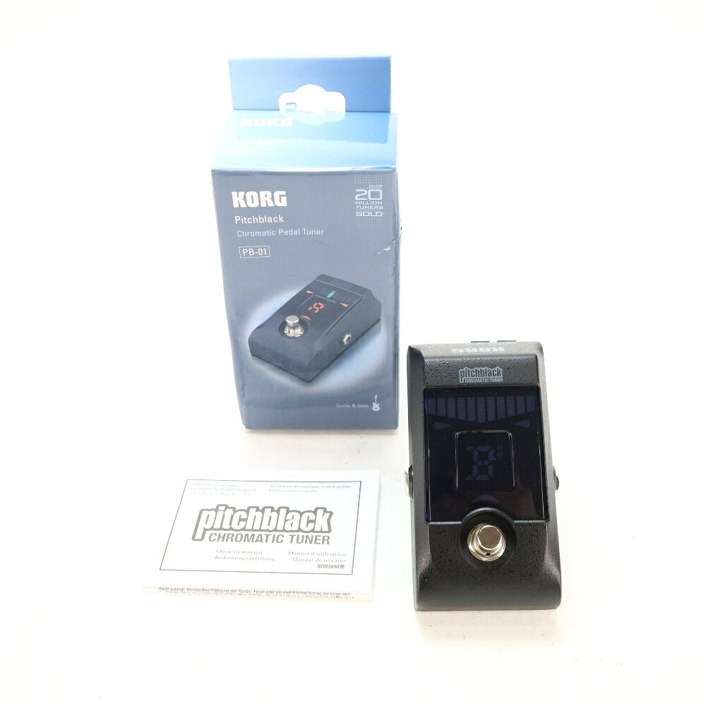【中古】 チューナー コルグ ピッチブラック KORG PB-01 PITCHBLACK ペダルチューナーKORG PB-01 PITCHBLACK の中古品です。比較的綺麗なコンディションです。商品内容：本体・箱・取扱説明書目立つ大きな傷はなく中古としては良い状態です。現在の所、ガリもなく動作に問題ございません。光が導くジャスト・チューン。堅牢さ、チューニングの正確さ、表示の見やすさ、そしてトゥルー・バイパス。エフェクト・ボードの中で、4種の表示でひときわ輝くラージLED。君のステージを支える、ペダル・チューナーの決定版。エフェクト・ボードにフィットするコンパクト・ペダル・エフェクト・サイズのギター/ベース用チューナー。大型高輝度LEDメーターでチューニングのずれを見やすく表示。表示方法は4種類から選択可能。E0（20.60Hz）〜C8（4186Hz）の幅広い測定範囲。436〜445Hzのキャリブレーション機能搭載。入力したままの音を出力するトゥルー・バイパス仕様。9VDCインに加え、カスケード接続可能な9VDCアウト端子を搭載。アルミ・ダイキャスト製の堅牢なボディ、耐久性も抜群。