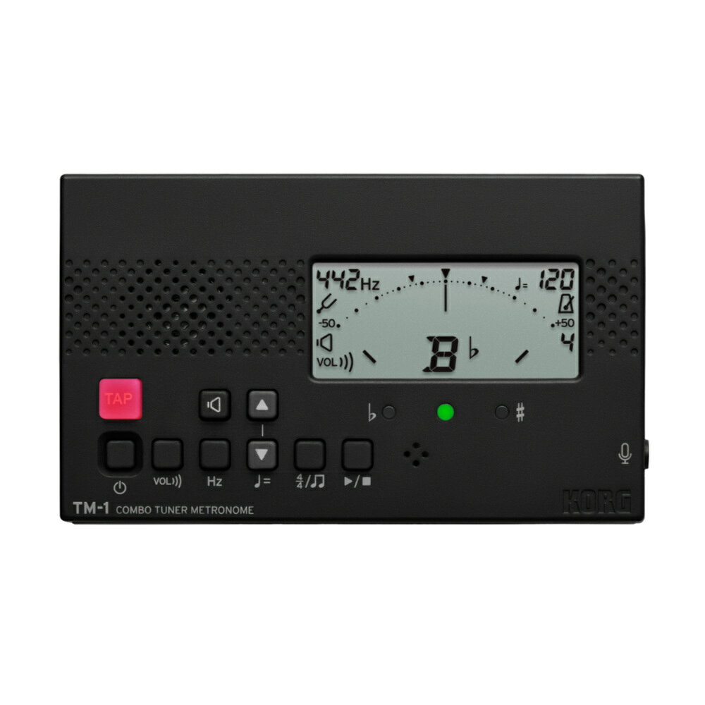 KORG コルグ TM-1 BK チューナーメトロノーム ブラック小さく、軽く、使いやすく。いつもの練習にちょうどいい。チューナーとメトロノームを同時に使えるTMシリーズに、シリーズ最小・最軽量のTM-1が登場。長年にわたり、多くの奏者のチューニングを支えてきたコルグのTMシリーズ。管楽器・弦楽器の毎日の基礎練習に欠かせない、見やすさ、使いやすさ、確かなチューニング性能はそのままに、よりコンパクトで、よりシンプルな一台になりました。はじめてチューナーを使う方でも迷いにくい直感的な操作性と、毎日手軽に持ち運べるコンパクトなボディ。先輩たちも使ってきたコルグの安心感を、もっと身近に。TM-1は、日々のチューニングやリズム・トレーニングを自然と習慣化できる、コンボ・チューナー・メトロノームです。【シリーズ最小・最軽量。持ち歩きたくなるコンパクトサイズ】TM-1は、TMシリーズ史上最小・最軽量のモデル。わずか51g（電池含まず）の軽さで、どこへでも気軽に持ち運べます。バッグや楽器ケースのポケットにも収まりやすく、レッスンや部活動、個人練習など、さまざまなシーンで活躍します。本体背面には自立できる折りたたみ式スタンドも搭載し、さまざまな場所で使いやすいよう配慮しました。【迷わず使える、シンプルな操作性】必要な機能に絞ったシンプルな設計で、はじめてでも扱いやすい操作感を実現。ボタンやディスプレイ表示にはアイコンも活用し、わかりやすいデザインを採用しています。毎日使うものだからこそ、すぐに慣れて使いこなせることを大切にしました。【コンパクトでも、しっかり使えるチューナー機能】C1（32.70Hz）~C8（4186.01Hz）の測定範囲に対応し、管楽器から弦楽器まで幅広い音域をしっかりカバー。基準ピッチはA4 = 438~450Hzまで1Hz単位で調整でき、合奏や演奏環境に合わせて正確なチューニングに対応できます。さらに、基準音を耳で確認できる「サウンドアウト機能」も搭載。基準音は、C4（260.44Hz）~C5（535.14Hz）の1オクターブから選択でき、さまざまな楽器の音程確認に役立ちます。コンパクトなサイズでも、毎日の練習に役立つ実用的な機能をしっかり備えています。【見やすく、使いやすいメトロノーム】メトロノームは画面上のドットが左右に往復する動きで拍を表示。視覚的にテンポを捉えやすい仕様です。テンポは30~252回/分の範囲で設定でき、1ステップ刻みで設定できる「フルステップ」と、スイッチを押して好みのテンポに調整できる「タップテンポ」の2タイプから選択可能です。さらに、0~9拍子に加え、2連符、3連符、3連符中抜き、4連符、4連符中抜きまで、全15種類のリズム・バリエーションを搭載。日々の基礎練習から難しい楽曲のトレーニングまで、幅広くサポートします。※チューナーとメトロノームの2つの機能を同時に使用する場合、3連符、3連符中抜き、4連符、4連符中抜きは設定できません。【別売コンタクト・マイクを使用し、より高精度なチューニングを】TM-1には外部入力のミニジャック端子を装備。別売コンタクト・マイクCM-400を使用すれば、演奏音を直接チューナーに送ることができ、周囲の音に左右されにくい、より高精度なチューニングが可能です。楽器や練習環境に応じて、柔軟に活用できます。【ブラックとホワイトの2色展開】カラーは、定番で使いやすいブラックとホワイトの2色をラインナップ。シンプルで飽きのこない定番の二色から、好みに合わせて選べます。【主な仕様】〈チューナー部〉・音律：12平均律・測定範囲*：C1（32.55Hz、A4=438Hz）~C8（4281.15Hz、 A*4 = 450Hz ）サイン波時・基準発振音：C4（260.44Hz、A4=438Hz）~C5（535.14Hz、A4=450Hz）1オクターブ・チューニング機能：メーター、サウンドアウト・基準ピッチ範囲：A4=438~450Hz（1Hz単位）・測定精度：±1セント以内・サウンド精度：±1セント以内*測定範囲内の音であっても、倍音を多く含む音色や減衰の速い楽器音は測定できない場合があります。〈メトロノーム部〉・テンポ範囲：=30~252回/分・テンポ設定方法：フルステップ、タップテンポ・拍子範囲：0~9拍子、2連符、3連符、3連符中抜き、4連符、4連符中抜き・テンポ精度：±0.3％〈主要規格〉・接続端子：インプット端子（3.5mm モノラルミニフォーンジャック、不平衡）・スピーカー：ダイナミックスピーカー（21mm）・電源：単4形乾電池（マンガンまたはアルカリ乾電池）2本（3V）・電池寿命：チューナーのみの使用：約400時間（チューナー&メトロノームモード、A4連続入力、アルカリ乾電池）、メトロノームのみの使用：約200時間（メトロノームモード、テンポ120、4拍子、音量最大、アルカリ乾電池）・外形寸法（WxDxH）：100 x 60 x 16 mm・質量：51g（電池含まず）・付属品：クイックスタートガイド・アクセサリー（別売）：CM-400コンタクトマイク・カラー：ブラック※仕様および外観は、改良のため予告なく変更することがあります。吹奏楽 管楽器 弦楽器 ブラスバンド オーケストラ