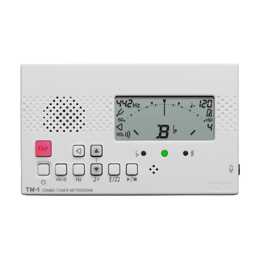 KORG コルグ TM-1 WH チューナーメトロノーム ホワイト小さく、軽く、使いやすく。いつもの練習にちょうどいい。チューナーとメトロノームを同時に使えるTMシリーズに、シリーズ最小・最軽量のTM-1が登場。長年にわたり、多くの奏者のチューニングを支えてきたコルグのTMシリーズ。管楽器・弦楽器の毎日の基礎練習に欠かせない、見やすさ、使いやすさ、確かなチューニング性能はそのままに、よりコンパクトで、よりシンプルな一台になりました。はじめてチューナーを使う方でも迷いにくい直感的な操作性と、毎日手軽に持ち運べるコンパクトなボディ。先輩たちも使ってきたコルグの安心感を、もっと身近に。TM-1は、日々のチューニングやリズム・トレーニングを自然と習慣化できる、コンボ・チューナー・メトロノームです。【シリーズ最小・最軽量。持ち歩きたくなるコンパクトサイズ】TM-1は、TMシリーズ史上最小・最軽量のモデル。わずか51g（電池含まず）の軽さで、どこへでも気軽に持ち運べます。バッグや楽器ケースのポケットにも収まりやすく、レッスンや部活動、個人練習など、さまざまなシーンで活躍します。本体背面には自立できる折りたたみ式スタンドも搭載し、さまざまな場所で使いやすいよう配慮しました。【迷わず使える、シンプルな操作性】必要な機能に絞ったシンプルな設計で、はじめてでも扱いやすい操作感を実現。ボタンやディスプレイ表示にはアイコンも活用し、わかりやすいデザインを採用しています。毎日使うものだからこそ、すぐに慣れて使いこなせることを大切にしました。【コンパクトでも、しっかり使えるチューナー機能】C1（32.70Hz）~C8（4186.01Hz）の測定範囲に対応し、管楽器から弦楽器まで幅広い音域をしっかりカバー。基準ピッチはA4 = 438~450Hzまで1Hz単位で調整でき、合奏や演奏環境に合わせて正確なチューニングに対応できます。さらに、基準音を耳で確認できる「サウンドアウト機能」も搭載。基準音は、C4（260.44Hz）~C5（535.14Hz）の1オクターブから選択でき、さまざまな楽器の音程確認に役立ちます。コンパクトなサイズでも、毎日の練習に役立つ実用的な機能をしっかり備えています。【見やすく、使いやすいメトロノーム】メトロノームは画面上のドットが左右に往復する動きで拍を表示。視覚的にテンポを捉えやすい仕様です。テンポは30~252回/分の範囲で設定でき、1ステップ刻みで設定できる「フルステップ」と、スイッチを押して好みのテンポに調整できる「タップテンポ」の2タイプから選択可能です。さらに、0~9拍子に加え、2連符、3連符、3連符中抜き、4連符、4連符中抜きまで、全15種類のリズム・バリエーションを搭載。日々の基礎練習から難しい楽曲のトレーニングまで、幅広くサポートします。※チューナーとメトロノームの2つの機能を同時に使用する場合、3連符、3連符中抜き、4連符、4連符中抜きは設定できません。【別売コンタクト・マイクを使用し、より高精度なチューニングを】TM-1には外部入力のミニジャック端子を装備。別売コンタクト・マイクCM-400を使用すれば、演奏音を直接チューナーに送ることができ、周囲の音に左右されにくい、より高精度なチューニングが可能です。楽器や練習環境に応じて、柔軟に活用できます。【ブラックとホワイトの2色展開】カラーは、定番で使いやすいブラックとホワイトの2色をラインナップ。シンプルで飽きのこない定番の二色から、好みに合わせて選べます。【主な仕様】〈チューナー部〉・音律：12平均律・測定範囲*：C1（32.55Hz、A4=438Hz）~C8（4281.15Hz、 A*4 = 450Hz ）サイン波時・基準発振音：C4（260.44Hz、A4=438Hz）~C5（535.14Hz、A4=450Hz）1オクターブ・チューニング機能：メーター、サウンドアウト・基準ピッチ範囲：A4=438~450Hz（1Hz単位）・測定精度：±1セント以内・サウンド精度：±1セント以内*測定範囲内の音であっても、倍音を多く含む音色や減衰の速い楽器音は測定できない場合があります。〈メトロノーム部〉・テンポ範囲：=30~252回/分・テンポ設定方法：フルステップ、タップテンポ・拍子範囲：0~9拍子、2連符、3連符、3連符中抜き、4連符、4連符中抜き・テンポ精度：±0.3％〈主要規格〉・接続端子：インプット端子（3.5mm モノラルミニフォーンジャック、不平衡）・スピーカー：ダイナミックスピーカー（21mm）・電源：単4形乾電池（マンガンまたはアルカリ乾電池）2本（3V）・電池寿命：チューナーのみの使用：約400時間（チューナー&メトロノームモード、A4連続入力、アルカリ乾電池）、メトロノームのみの使用：約200時間（メトロノームモード、テンポ120、4拍子、音量最大、アルカリ乾電池）・外形寸法（WxDxH）：100 x 60 x 16 mm・質量：51g（電池含まず）・付属品：クイックスタートガイド・アクセサリー（別売）：CM-400コンタクトマイク・カラー：ホワイト※仕様および外観は、改良のため予告なく変更することがあります。吹奏楽 管楽器 弦楽器 ブラスバンド オーケストラ