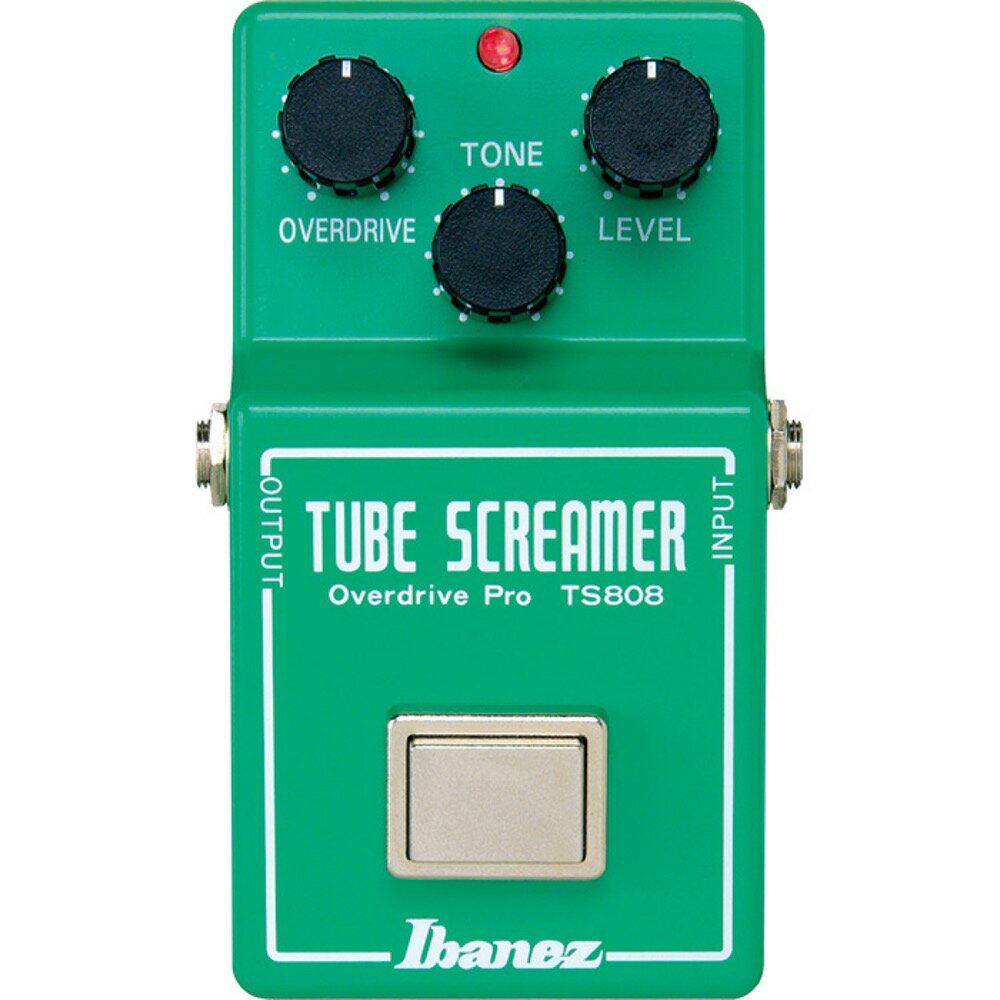 IBANEZ TS808 TUBE SCREAMER オーバードライブ ギターエフェクター1970 年代後半に海外で発売され、多くのプロ・ミュージシャンに愛用された伝説のコンパクト・エフェクターTUBESCREAMER Overdrive Pro TS808 のリイシュー・モデル。粘りある中音域と激し過ぎない柔らかな歪みは、このモデルにしか出せない味わいと言える。(復刻版オーナーズ・マニュアル、1/8"ミニプラグ変換コード付属)一番最初に発売されたTUBE SCREAMERの復刻モデル。TS9やTS9DXに比べ、より中音域に集約したまろやかな歪みが特徴です。当時のサウンドを忠実に再現するためにIC等のパーツを厳選して使用し可能な限りオリジナルに近付けた仕上がりです。■コントロール : OVERDRIVE, TONE, LEVEL消費電流：8mA9V(006P)乾電池×1駆動ACアダプターは、9V/センター・マイナス仕様のものをお求め下さい。