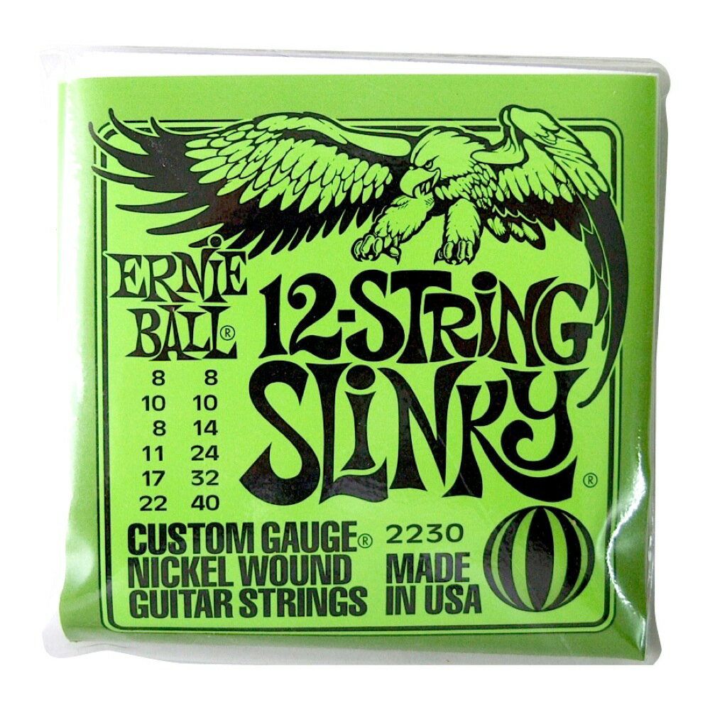 アーニーボール 2230/12-STRING SLINKY 12弦エレキギター弦 です。スズ・メッキしたヘックス・スティール・コア（六角形の芯線）にニッケル・メッキ・スティール・ワイヤーを巻いたワウンド弦と、高硬度のスズ・メッキしたハオ・カーボン・スティールのプレーン弦を組み合わせたゲージ・セットです。癖がなくバランスのとれたサウンドを特徴にしていますので、ロック、カントリーからポピュラー・ミュージックまで、幅広くジャンルを選ばず使用いただけます。ゲージ：8/8、10/10、8/14、11/24、17/32、22/401セットの販売です。　