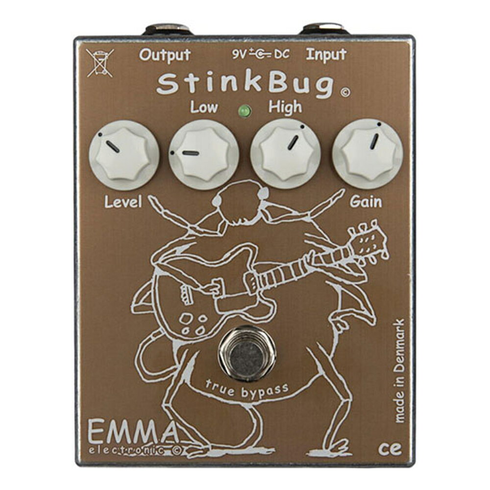 EMMA StinkBug Overdrive オーバードライブ【クラシック・オーバードライブ】StinkBugは、ギターのキャラクターを失うことのないベストなクラシック・オーバードライブです。ブルース/ロック/ポップスに最適な低域と高域、優れた中域のレスポンス、ウォームなトーンを実現します。【効きの良いEQ】トーンはハイとローの2バンド。両方を下げると中域を強調しますが、鼻詰まりサウンドにはなりません。反対に両方を上げるとパンチのあるサウンドのまま中域を若干スクープします。ブルース/ロック/ポップス用に優れたミッドのオーバードライブをお探しなら、このStinkBugで間違いありません。【特長】・オールド・アンプを目一杯ドライブさせたようなトーン・サウンドのコアを保ったまま存在感のある中域を生み出します・幅広く効きの良いEQにより、軽い歪みから焼き付くようなブルースやロック・サウンドまでを再現しま・す。・直感的に操作できるコントロールにより、素早く簡単に設定が可能。・入出力端子が本体上面にあるので、隣のペダルとの距離を節約できます。・ハンドメイド・イン・デンマーク・トゥルーバイパス・スイッチング【スペック】コントロール：Level、Low、High、Gain端子：Output、Input寸法：94W × 120D × 51H mm重量：390 g電源：9Vバッテリー or 電源アダプター（9VDCセンター・マイナス、別売）　