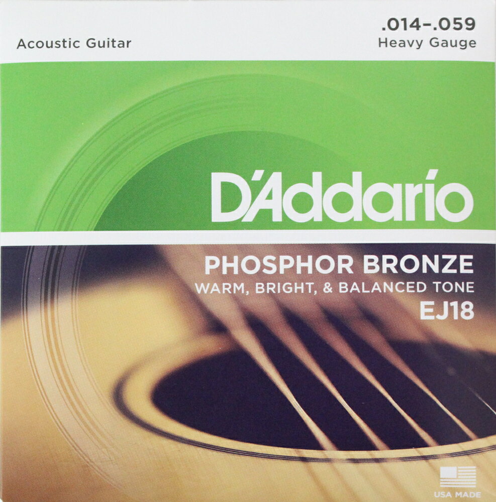 D'Addario（ダダリオ） EJ18/Phosphor Bronze/Heavy アコースティックギター弦 です。1974年に世界初のフォスファーブロンズ弦を発売したダダリオ。 以来その素晴らしい音色とロングライフでプロ/アマ、ライブ/レコーディングを問わず幅広く使用されています。Heavyゲージ：　PL014 PL018 PB027 PB039 PB049 PB0591パッケージでの販売です。　