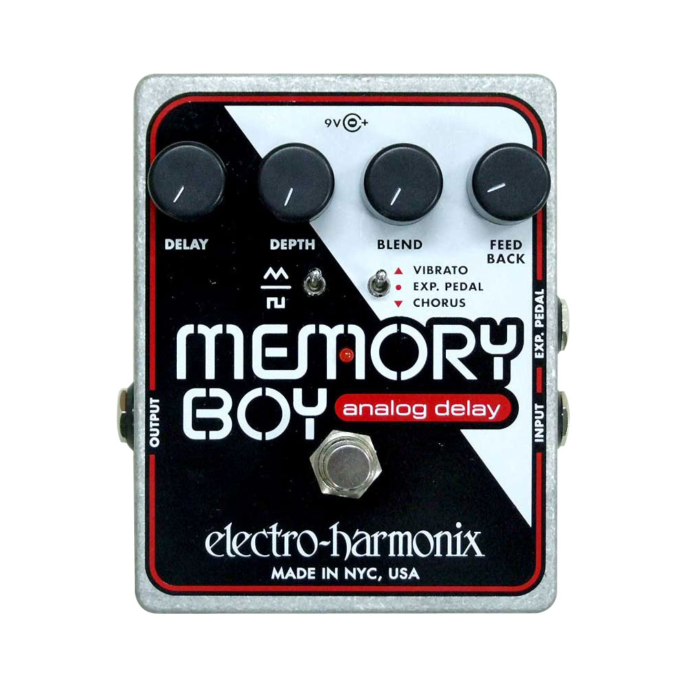 ELECTRO-HARMONIX(エレクトロハーモニクス) Memory Boy アナログディレイ1970年代の初めの初代Memory Manを皮切りに、無数のトッププレイヤーが愛用するアナログディレイの金字塔Deluxe Memory Manまで、エレハモはアナログディレイの名機を生み出してきました。このMemory Boyはそれら名機の自然なアナログトーンを受け継ぐ新たなアナログディレイです。開発には2年を超える時間を費やし、卓越した個性と芸術的なトーンのモジュレーション機能を搭載しています。最長ディレイタイムは550msです。エクスプレッションペダルでディレイタイムかモジューレションレートをコントロール出来るので、ステージでリアルタイムにエフェクトをコントロールできます。コントロール DELAY、DEPTH、BLEND、FEED BACK スイッチ Triangle/Square、EXP.PEDAL (VIBRATO / CHORUS)、 ON/OFF ジャック EXP.PEDAL、INPUT、OUTPUT、9V PWRスペック ●ディレイタイム:30ms~550ms ●寸法：91W×50H×118Dmm ●重量：330g ●電源：アダプター(付属：9VDCセンター・マイナス)、 9Vバッテリー(別売)特長 ●自然なトーンのアナログディレイ ●最長550m秒のディレイタイム ●モジュレーションレート選択可能 ●モジュレーションの波形を選択可能 ●ディレイタイムかモジュレーションをエクスプレッションペダル(別売)でコントロール可能 ●トゥルーバイパス ●パワーサプライ付属