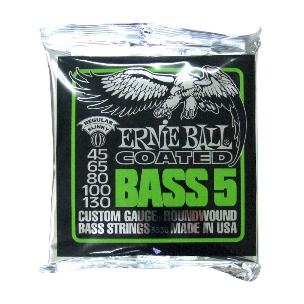 ERNIE BALL（アーニーボール） #3836 Coated Regular Slinky Bass 5 5弦用ベース弦 です。世界中のベーシストから絶大な支持を受けているアーニーボールのスリンキー・ベース・シリーズに、コーテッド 仕様のエレクトリック・ベース弦が登場。弦の構造は、芯線に巻きつける前の巻き線にエナメルを焼き付けることで超極薄のエナメル・コーティングを施 し、芯線に巻きつけてあります。このことにより、従来のスリンキー弦と比べても、弾き心地やサウンドの面に おいて遜色のないエレクトリック・ベース弦となっています。全てのジャンル、全てのプレイヤーにアーニーボール弦の新しい耐久性 能とサウンドを。Coated Regular Slinky Bass 5（コーテッド レギュラー スリンキー ベース5）5弦ベース用ゲージ：　1G 45、2D 65、3A 80、4E 100、5B 130