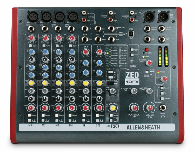 ALLEN&HEATH ZED-10FX ミキサー(ZED10FX/X)ギタリストのホーム・レコーディングをはじめ、多様なシーンで活躍するポータブル・ミキサー ZED-10FXは、ホーム・レコーディングや小規模のバンドのミキシングに適した持ち運び簡単なコンパクト・ミキサーです。スタジオからステージでの使用まで、あらゆるシチュエーションに応えます。このミキサーにはエレクトリック・ギターを直接接続できるよう特別に設計したハイ・インピーダンス入力端子を搭載しています。また、2つのステレオ・チャンネルを搭載しMP3/CDプレーヤーやキーボードなどを入力することが可能です。プロフェッショナル仕様のXLRメイン・ステレオ・アウトを搭載し、用途に応じてヘッドホン、スピーカーへの出力を使い分けることができるモニター・セクションも用意。ZED-10FXでは高品位エフェクトを搭載し、きらびやかなリバーブなどでサウンドに幅を持たせることができます。ZEDシリーズの最大の特徴はその使いやすさです。シンプルなレイアウトから高品位なサウンドが簡単に得られます。ホーム・レコーディングに理想的な仕様を備え、もちろんライブ・ミキシングでもその威力を発揮します。USBデジタル・オーディオ・インターフェイスとしても機能し、PCを使ったレコーディングでトラックを作成していくことができます。優れたフレキシビリティと高音質という点では、ZED-10FXはこのクラスのミキサーとしては群を抜いたクオリティを実現。またギターなどの低出力楽器は直接、クラスA FETプリアンプのハイ・インピーダンス入力へ接続可能です。4系統のマイク入力、MP3プレーヤー等に最適な2系統のステレオ入力、独立した2系統のレコーディング・アウト、そして1系統のステレオ・プレイバック入力、インサート付きXLRメインアウト、包括的なモニタリングを可能とするヘッドホン、独立したスピーカー出力、48Vファンタム電源、サブミキシング用のDIレベル切り替えスイッチ、そしてZED-10FXにはALLEN & HEATHのフラッグシップ・デジタル・コンソールと同じアルゴリズムを採用した高品位デジタル・エフェクトを搭載しています。入力ZEDシリーズに共通した特徴は、バリエーションに富んだ入力端子を数多く搭載しているという点です。4モノ・チャンネルに加え、2系統のステレオ・チャンネルを搭載し、それぞれRCAピン端子と、メイン・ミックスに繋がる標準フォーン端子を備えています。USBのリターン信号はこのどちらかに切り替えて戻すことができるので、メイン・ミックスまたはステレオ・チャンネルを任意に使い分けられます。GUITAR DI好評のDuoPreに代わり、ZED-10FXにはMixWizardシリーズを継承したプリアンプを搭載。しかも更なる仕様改良を経て、入力の3と4はハイ・インピーダンス入力設計になっています。通常のライン・レベルを受けられることはもちろん、エレクトリック・ギターのピックアップから出力される低レベル信号も扱うことが可能です。この新しく開発されたプリアンプは、アンプ・ヘッドやコンボ・アンプに搭載されている真空管プリアンプのサウンドを忠実に再現するよう設計されています。また、特殊なハイ・インピーダンス入力回路と48Vファンタム電源で稼働するクラスA FET回路により、真空管を搭載したプリ・ゲイン回路を再現。さらにゲイン・ブースト・スイッチを搭載したことで、26dbのブーストを可能にし、真空管回路のオーバードライブの特徴を再現することに成功しました。これにより非対象でソフトな特性を再現し、楽器本来の温かみのあるキャラクターを生かすものとなりました。EQセクションZED-10FXは、中域バンドが周波数可変の、レスポンスに優れた3バンドEQを搭載。イコライズするために最適化されたスロープ(Q)を設定したMusiQを使用しています。レコード・バス各チャンネルの出力先をレコーディング、モニター、メインに独立して設定可能なバス・スイッチを装備しています。USBオーディオオーディオ・データをコンピュータ上で扱うことは、ライブ・サウンド/ミュージック・プロダクションではもはや常識。ZEDシリーズのミキサーでは、これをフレキシブルで簡単に行うことができます。コンピュータの背面にあるサウンド・カードの入力端子にやっと接続したと思ったら、レベルがおかしいとかノイズがひどいとか…そんな体験はもう過去のことです。ZEDならUSB接続し、ミキサー上でUSBルーティングを選択、コンピュータ側でデバイスを選択するだけです。また、コンピュータ上のオーディオ・アプリケーションやDAWにあるエフェクト・プラグインを簡単に活用することもできます。Build大多数のミキサーの内部基盤は一枚で、そこにノブやスイッチが取り付けられています。しかしZEDシリーズでは、フロント・パネルに対してチャンネルごとに縦に基盤を配置し、各ノブをフロント・パネルにメタル製のナットで止めています。このような構造をとることで、より造りが強固となり、長年の使用にも耐えることができるのです。　