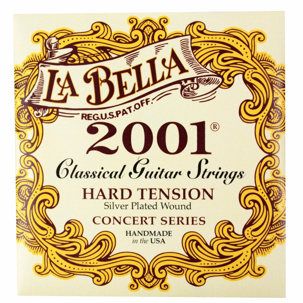 La Bella 2001 Hard Tension クラシックギター弦La Bella社はギタリストからよりすぐれたレスポンス、クリアーでサスティンを備えた弦を求められ数年にわたるポリマー専門技術者との共同研究の結果、Nylon202という高音弦用の単糸ナイロンを開発。低音弦はナイロン単糸芯線と巻き線の比率を改良しクリアで豊かなサスティンを作り出しています。これらの独創的な設計により正確なピッチと各弦が一貫して同じトーンを持つバランスに優れた弦として製品化されたのが2001シリーズのCLASSIC弦です。La Bella 2001 Hard Tension（39.25kg）clear nylon trebles / silver plated basses1セットでの販売です。