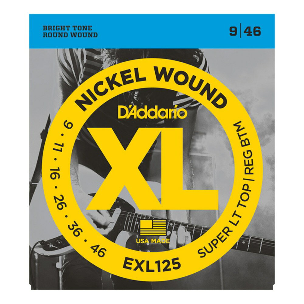 D'Addario EXL125 エレキギター弦XL Nickel Round Wound独特なブライトサウンド、素晴らしいイントネーション。世界中のミュージシャンからの圧倒的な支持を誇る、言わずと知れたエレキ弦のスタンダード。EXL125Super Light Top/Regular Bottom1st：PL0092nd：PL0113rd：PL016 4th：NW026 5th：NW036 6th：NW046※1セットでの販売です。