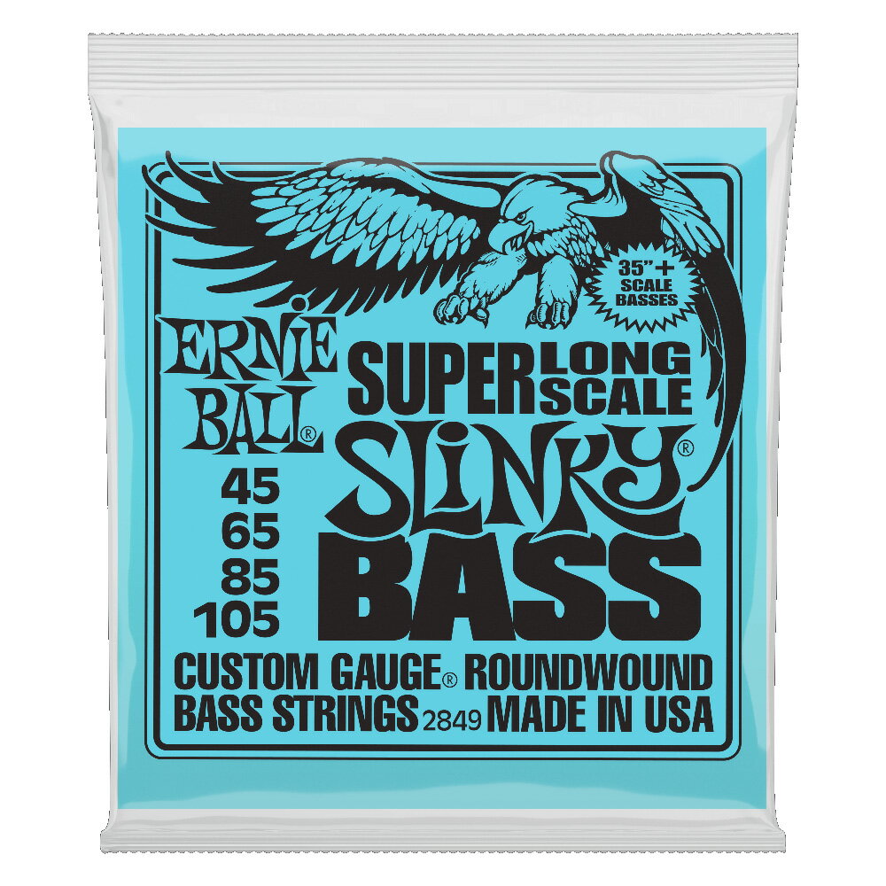 ERNIE BALL（アーニーボール）#2849 Super Long Scale Slinky Bass ベース弦です。世界中のベーシストに愛用されているスリンキー・ベース・シリーズに、35インチ(約889mm)スーパー・ロング・スケールに対応した、スーパー・ロング・スケール・ベース弦がラインナップされました。スーパー・ロング・スケール・ベース以外でも、変形ベースやブリッジの仕様などによってもう少し弦が長ければといったベースにも最適な弦です。45-65-85-105のゲージをセットした4弦ベース用の「#2849」弦の仕様はスリンキー・ベース・シリーズ同様で、ハイからローエンドまでバランスとれたサウンドで人気のニッケル・ワウンドです。1セットでの販売です。スーパーロングスケール用 4弦ベース弦ゲージ：45 65 85 105