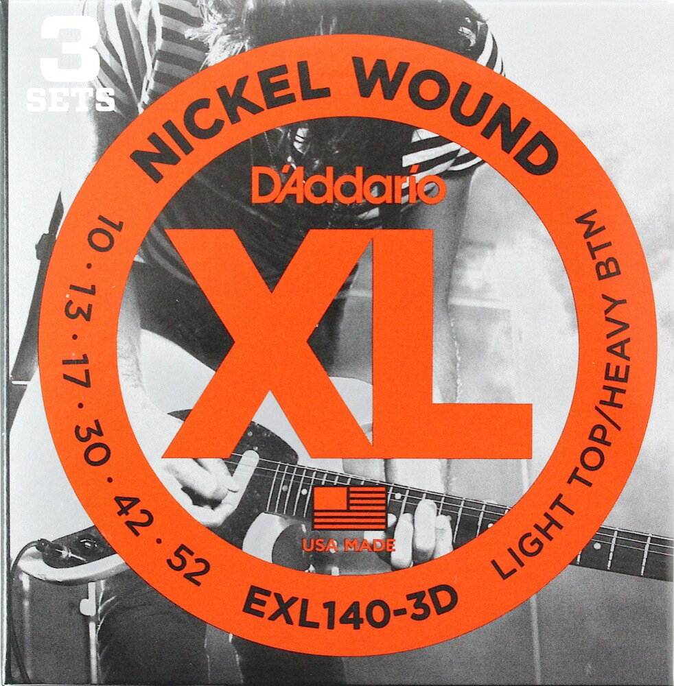 D'Addario（ダダリオ）EXL140-3D エレキギター弦 3セットパックです。明るいサウンドと卓越したピッチで、世界中のミュージシャンから圧倒的に支持されているエレキ弦の定番中の定番。D'Addarioマルチパック・シリーズは、3セット入りのパック弦です。それぞれのセット弦は個別に特殊ポリマーパックで密閉されており、長期間劣化することはありません。「EXL140」はダウンチューニグをされる方には必須のヘビーボトム弦です。Light Top/Heavy Bottomゲージ：10.13.17.30.42.52