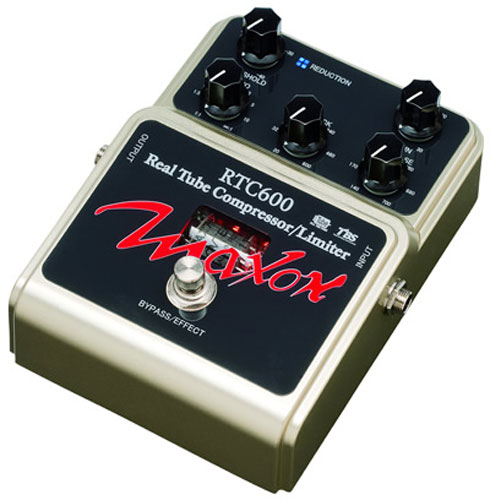 MAXON RTC600 Real Tube Compressor/Limiter コンプレッサー エフェクター真空管を搭載したピュアなコンプレッサー。温かくて生き生きしたコンプレッション / リミッター・サウンドを生み出します。正確なRMSレベル(実効値)検出回路と高性能な低雑音VCA(電圧制御増幅器)を採用した、ローノイズ、ワイド・ダイナミック・レンジを誇るコンプレッサー / リミッターです。基本の3コントロール(スレッショルド、レシオ、ゲイン)に2エンベロープ・コントロール(アタックタイム、リリースタイム)を搭載。スタジオ・レベルの詳細設定ができるコンプレッサー / リミッターです。スレッショルド・レベルは0dBuから-40dBuまで連続可変ができ、最適なコンプレッションが得られます。リダクションLEDは正確にコンプレッション効果を表示し、目視により設定が可能です。コンプレッション・レシオは1:1から∞：1まで連続で可変できます。アウトプット・ゲインも0dBから30dBまで連続で可変し、クリーン・ブースターからリミッターまで幅広いコンプレッション効果を生み出します。ACアダプタから供給された9Vは25V(±12.5V)に昇圧されコンプレッサー / リミッター回路に供給されます。どんな楽器にも対応できる広いヘッド・ルームとフルレンジ周波数特性が得られます。電源投入時、ヒーター突入電流制御回路により真空管の寿命を延ばします。4PDTメカニカル・スイッチによるTBS(True Bypass Switching)を採用しました。バイパス時は電子回路を一切通らない完全なバイパス状態になります。エフェクト時にも電子スイッチング回路を通らないので音質の劣化がありません。付属のACアダプタAC2009は各国安全規格の認証を取得しています。100VACから240VACまで世界中どこの国でも使用できます。米国FCC Part15 Subpart B適合。 欧州RoHS準拠。 日本製。入力インピーダンス 500kΩ出力インピーダンス 10kΩ最大出力レベル ＋20dBu(1kHz)残留ノイズ －94dBu以下(入力ショートIHF‐A)T.H.D. 0.02%以下(1kHz －10dBu出力時)コントロール THRESHOLD 0dBu 〜 －40dBuRATIO 1:1 〜 ∞:1GAIN 0dB 〜 +30dBATTACK (20dB減少時) 20mSec 〜 600mSecRELEASE (20dB:増加時) 140mSec 〜 700mSecスイッチ BYPASS/EFFECT入出力端子 INPUT JACK,OUTPUT JACK,DC INPUT JACK表示 BYPASS/EFFECT LEDREDUCTION LED (点灯時4dB以上圧縮)内部回路動作電源 ±12.5V(DC‐DC Converter)消費電流 240mA/9VDC寸法 121(W)×152(D)×60(H)mm(突起物含む)重量 580g(ACアダプタ除く)電源 AC アダプタ AC2009付属アダプタ AC アダプタ AC2009