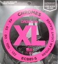 D'Addario ECB81-5 フラットワウンド 5弦エレキベース弦滑らかな仕上げと優れた音色で定評があるダダリオフラットワウンドのベース弦。ヘックスコア(六角芯線)の周りに、下地となるベースの巻弦を施し、その上にフラットなリボン形状の巻弦を巻きつけた特殊構造となっています。ワインディング後の精密な研磨により驚くほどの滑らかな弦に仕上がりました。 ロングスケール用XL Chromes Flat Wound■ゲージ1st:CB0452nd:CB0653rd:CB0804th:CB1005th:CB132　