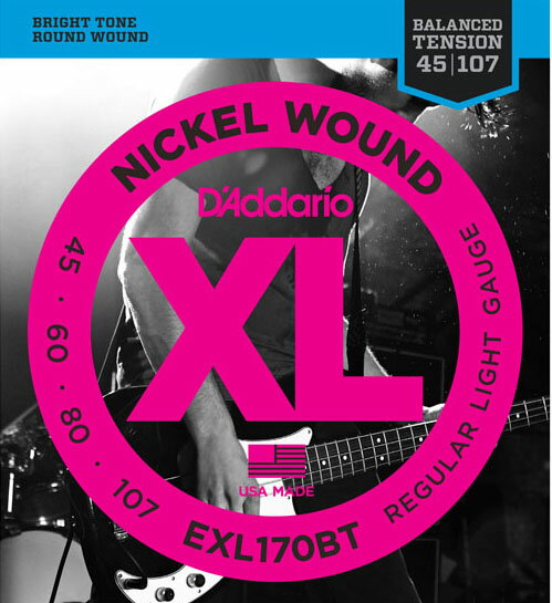 D'Addario（ダダリオ）EXL170BT Regular Light 45-107 エレキベース弦数学的に算出された最適ゲージの組み合わせにより、優れたコントロール性と快適な演奏性を実現したものです。従来のXLニッケルワウンド弦のトーンに加え、チョーキング、カッティング、フィンガリング、スラップといった様々な奏法時もバランスよく、同等の感触でダイナミックなコントロールが可能です。・ニッケルプレートスチール製のラウンドワウンド弦で、際立ったブライトなトーン。・環境に優しく、耐食性に優れたパッケージで、いつでも開けたて、新鮮な状態で使用可能。・アメリカ製で高品質、高性能。・ゲージ : ニッケル巻弦　045　060　080　107　