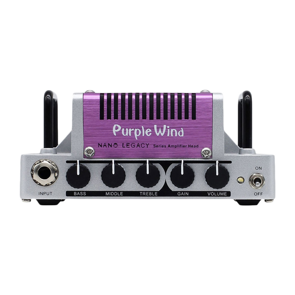 HOTONE Purple Wind NANO LEGACY 小型ギターアンプ ヘッドHOTONE NANO LEGACY SeriesPurple Windは5W／クラスABのギター用ヘッドアンプです。低いゲイン設定でビンテージMarshall Plexi SuperLead 1959（Limited Edition）のサウンドが再現できる様にデザインしました。また、本機からスピーカーへの出力は、4Ω〜16Ωに自動対応。4×12インチの大型キャビネットから、自宅用の小さなキャビネットにも対応します。本機は、エフェクトループと、ライン／ヘッドホン出力、音楽プレイヤーと接続できるAUXインプットを搭載。練習やホーム・レコーディング環境に最適なツールです。440g、128（W） x 75（D） x 59.5mm （H）の軽量＆コンパクト設計。ハイクオリティートーンを再生する、ボリューム、ゲインの各コントロール。トーンシェーピング用3バンドEQ。外部エフェクターを接続できるエフェクト・ループ。4〜16Ωのキャビネットに自動的に対応するパワーアンプ設計。練習やレコーディングに便利なヘッドフォン／ライン出力を搭載。音楽プレイヤーが接続可能なAux In端子。