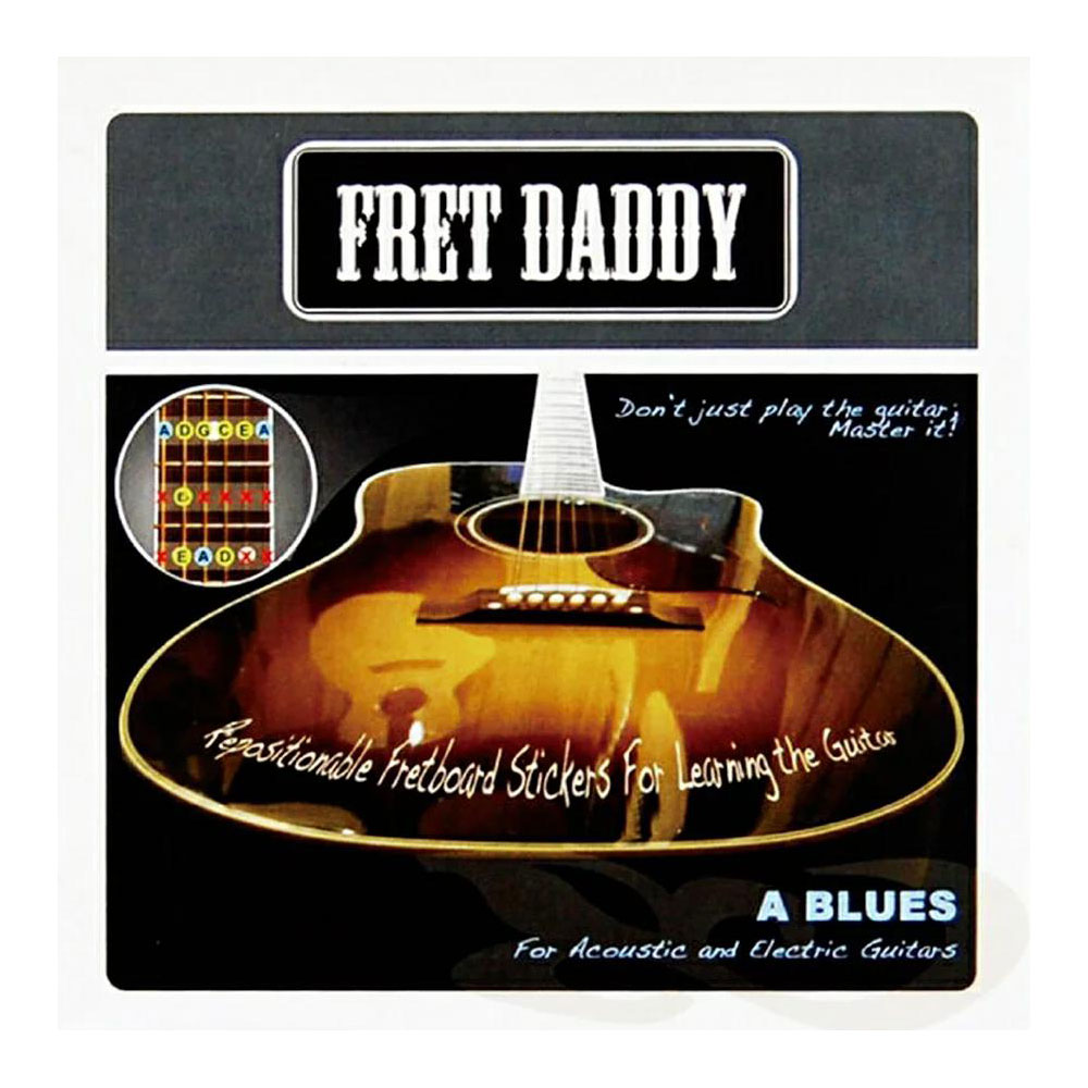 Fret Daddy スケール教則シール ブルーススケール（Aスケール）エレキ/アコースティックギター用アドリブに大変役立つブルーススケール(Aスケール）のシールです。スケール教則シール x 3枚（1〜12フレット分）Fret Daddyスケール教則シールを使うことで、ギター、ベースのスケールやコードの押さえ方が視覚的に分かるようになります。フレットボード上の音の繋がりがイメージできるようになることは、初心者のみならず、多くのプレイヤーにとって上達の助けになるでしょう。■簡単に貼り付け使い方はとても簡単で、フレットとフレットの中間にシールを貼り付けるだけです。弦を外すことなく短時間で貼り付けることができます。■綺麗にはがせる高品質なシールFret Daddyスケール教則シールは、ギターやベースのフレットボードを傷つけたり汚したりすることなくスケールシールを貼り付けて、そしていつでも綺麗にはがすことができます。シールを貼るためにスケール練習用の楽器を準備しなくても、あなたの大切な楽器を傷つけたり汚すことなく簡単にスケールを覚えることができます。※シールを剥がす際は、爪で楽器を引っ掻かいたりしないよう、丁寧に剥がしてください。長期間シールを貼り付けた場合や、楽器に施されている塗装、フィニッシュの種類や状態、または剥がし方によっては、シールを剥がした際に一部塗装やフィニッシュが剥がれる場合があります。本シールを貼り付けた結果、楽器に何らかの影響が出た場合、弊社では責任を負いかねますので、予めご理解の上ご使用いただけますようよろしくお願いいたします。　