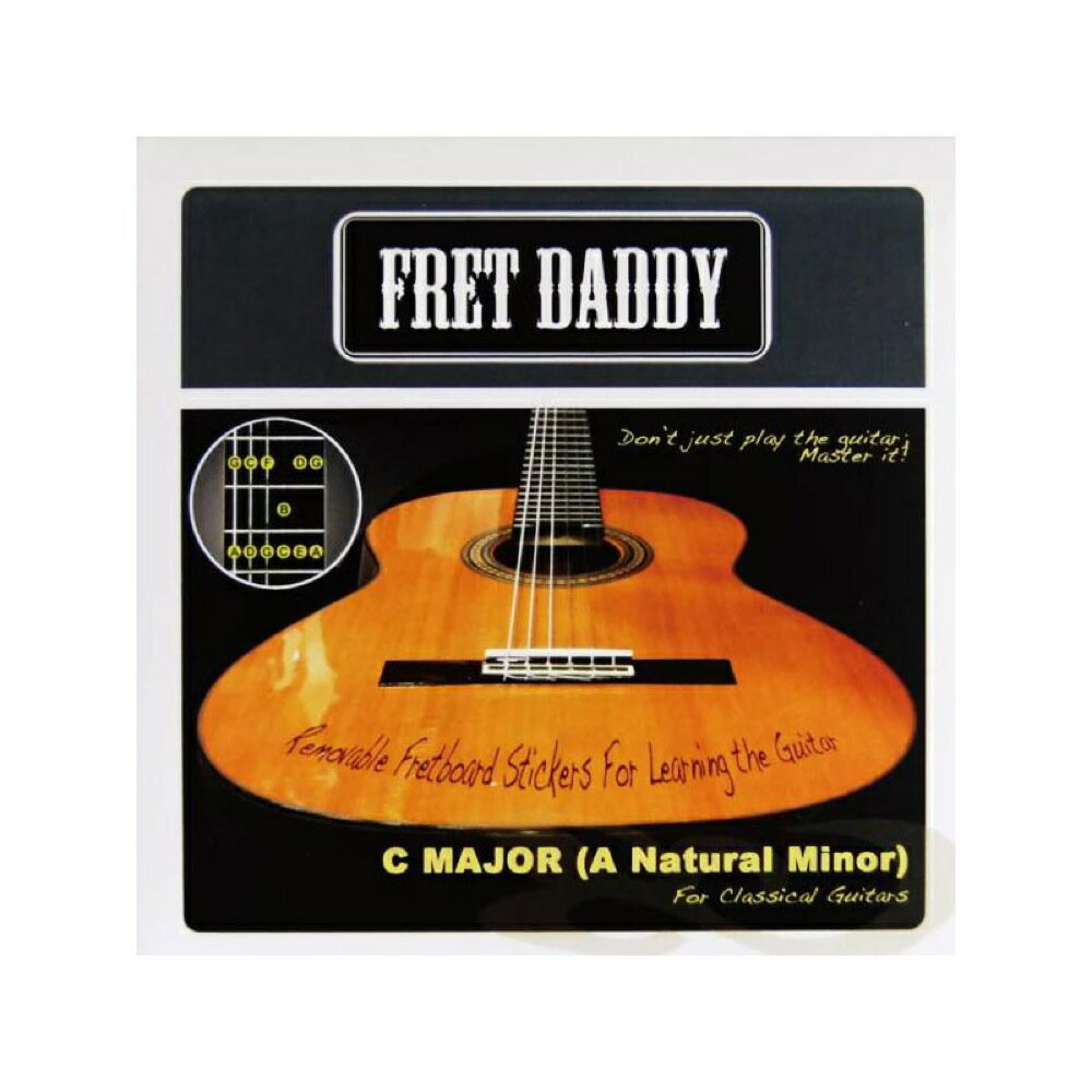 Fret Daddy スケール教則シール メジャースケール（Cスケール）クラシックギター用スケールの基本となるメジャースケール（Cスケール)のシールです。スケール教則シール x 3枚（1〜12フレット分）Fret Daddyスケール教則シールを使うことで、ギター、ベースのスケールやコードの押さえ方が視覚的に分かるようになります。フレットボード上の音の繋がりがイメージできるようになることは、初心者のみならず、多くのプレイヤーにとって上達の助けになるでしょう。■簡単に貼り付け使い方はとても簡単で、フレットとフレットの中間にシールを貼り付けるだけです。弦を外すことなく短時間で貼り付けることができます。■綺麗にはがせる高品質なシールFret Daddyスケール教則シールは、ギターやベースのフレットボードを傷つけたり汚したりすることなくスケールシールを貼り付けて、そしていつでも綺麗にはがすことができます。シールを貼るためにスケール練習用の楽器を準備しなくても、あなたの大切な楽器を傷つけたり汚すことなく簡単にスケールを覚えることができます。※シールを剥がす際は、爪で楽器を引っ掻かいたりしないよう、丁寧に剥がしてください。長期間シールを貼り付けた場合や、楽器に施されている塗装、フィニッシュの種類や状態、または剥がし方によっては、シールを剥がした際に一部塗装やフィニッシュが剥がれる場合があります。本シールを貼り付けた結果、楽器に何らかの影響が出た場合、弊社では責任を負いかねますので、予めご理解の上ご使用いただけますようよろしくお願いいたします。　