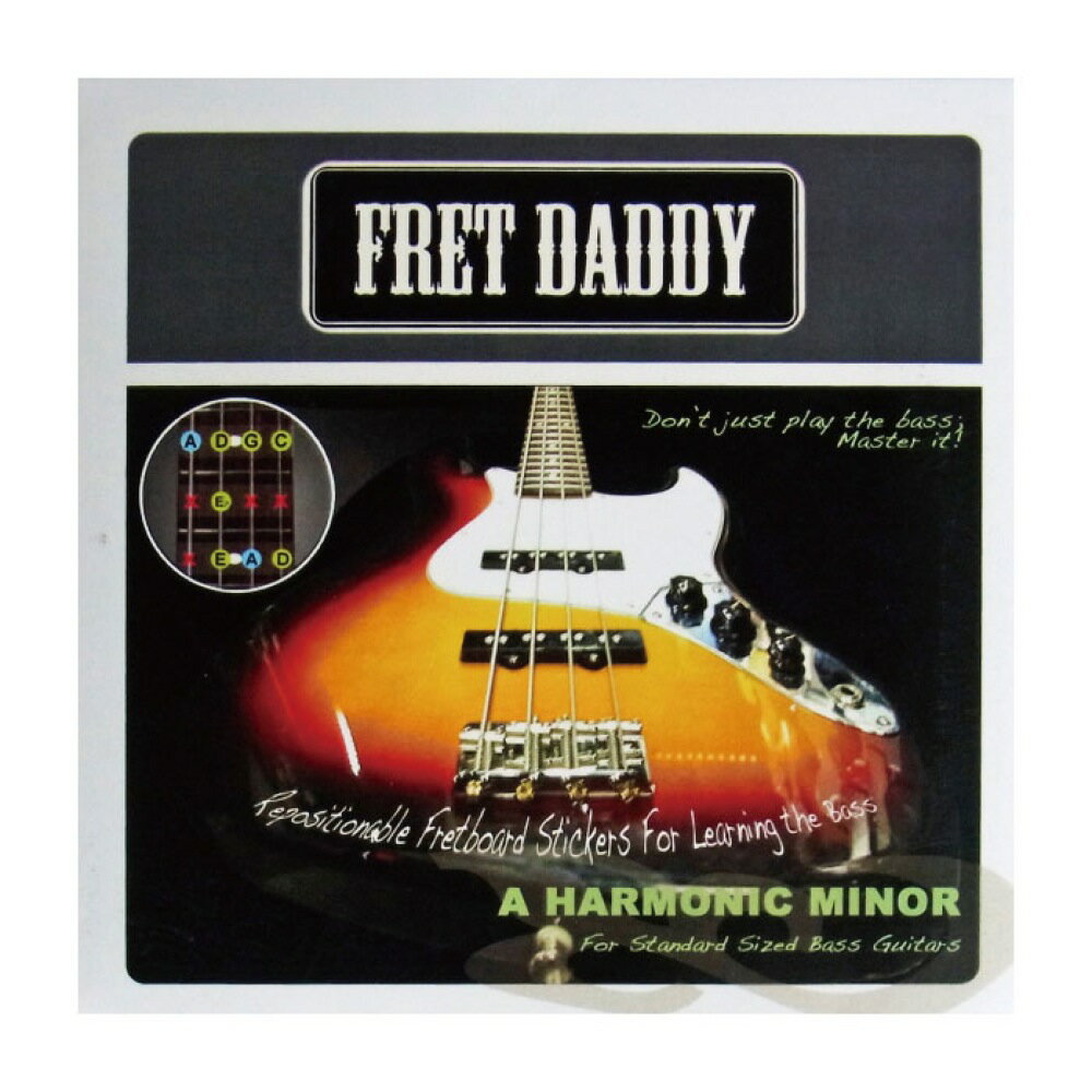 Fret Daddy スケール教則シール ハーモニックマイナースケール（Aスケール）ベース用クラシカルなフレーズに使用されることが多いハーモニックマイナースケール(Aスケール)のシールです。スケール教則シール x 3枚（1〜12フレット分）Fret Daddyスケール教則シールを使うことで、ギター、ベースのスケールやコードの押さえ方が視覚的に分かるようになります。フレットボード上の音の繋がりがイメージできるようになることは、初心者のみならず、多くのプレイヤーにとって上達の助けになるでしょう。■簡単に貼り付け使い方はとても簡単で、フレットとフレットの中間にシールを貼り付けるだけです。弦を外すことなく短時間で貼り付けることができます。■綺麗にはがせる高品質なシールFret Daddyスケール教則シールは、ギターやベースのフレットボードを傷つけたり汚したりすることなくスケールシールを貼り付けて、そしていつでも綺麗にはがすことができます。シールを貼るためにスケール練習用の楽器を準備しなくても、あなたの大切な楽器を傷つけたり汚すことなく簡単にスケールを覚えることができます。※シールを剥がす際は、爪で楽器を引っ掻かいたりしないよう、丁寧に剥がしてください。長期間シールを貼り付けた場合や、楽器に施されている塗装、フィニッシュの種類や状態、または剥がし方によっては、シールを剥がした際に一部塗装やフィニッシュが剥がれる場合があります。本シールを貼り付けた結果、楽器に何らかの影響が出た場合、弊社では責任を負いかねますので、予めご理解の上ご使用いただけますようよろしくお願いいたします。　